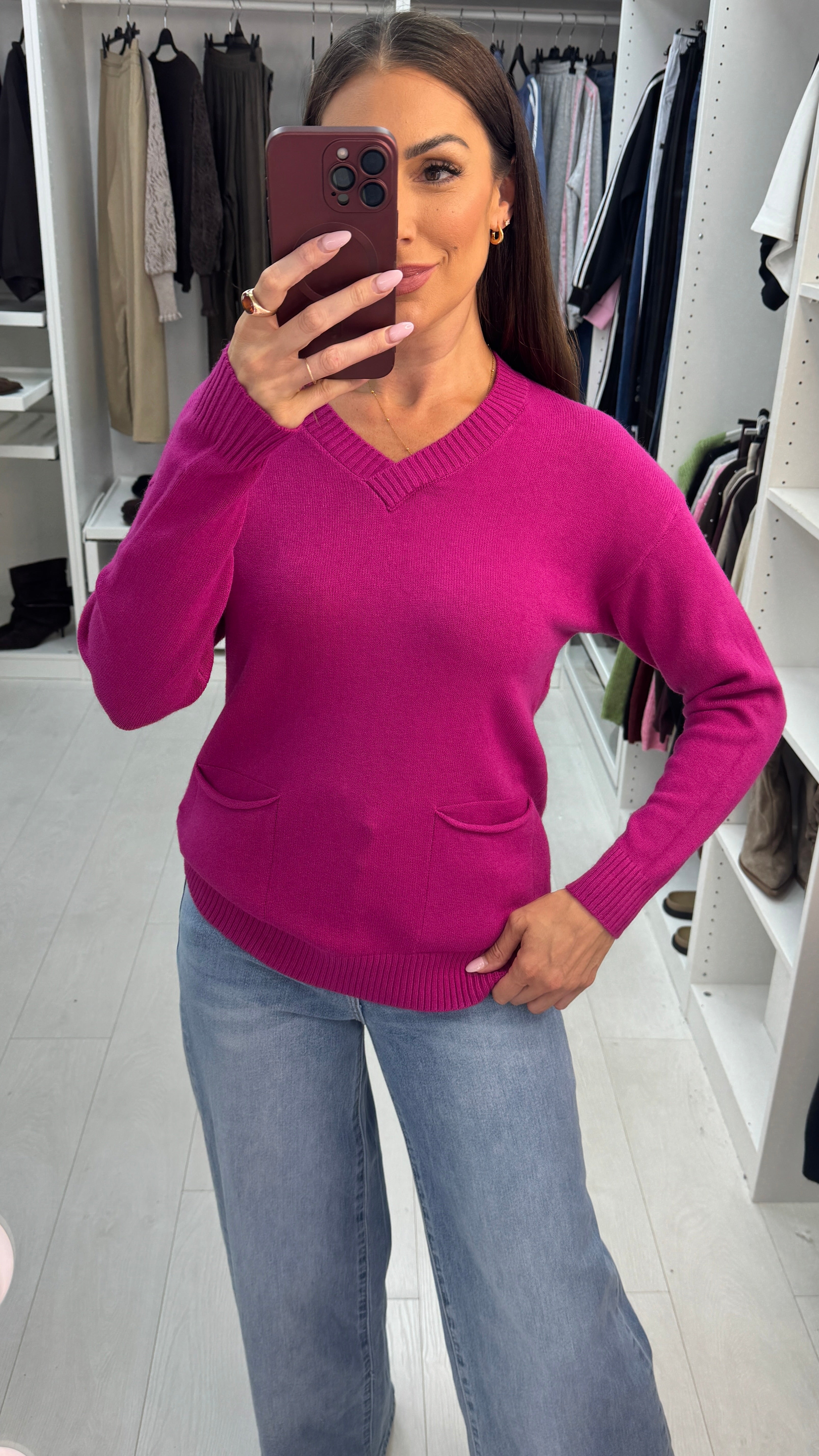 Saffy Plain Pocket Front V Neck Jumper