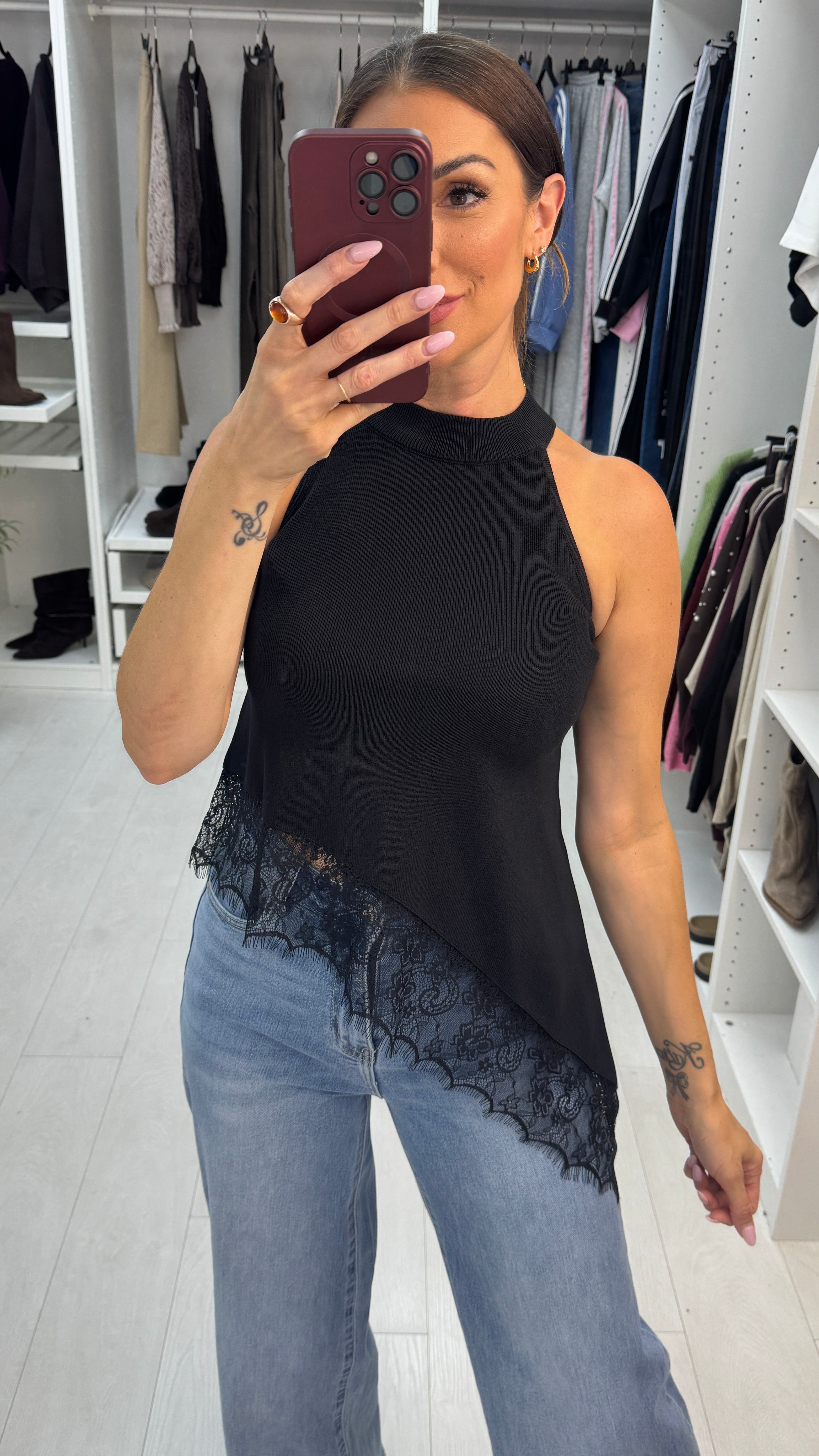 Daryna High Neck Lace Trim Asymmetric Top