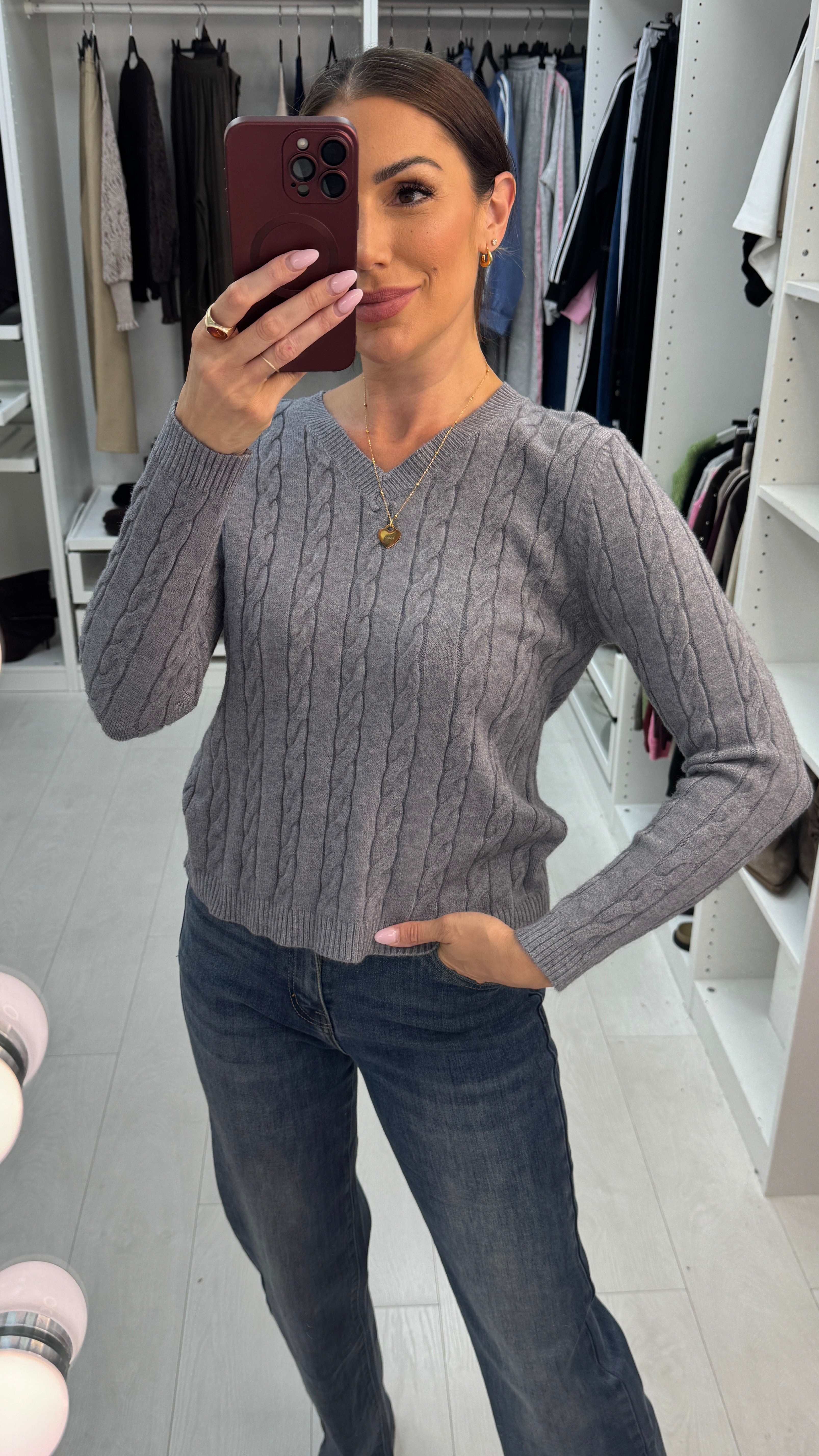 Emberlin Plain V Neck Cable Knit Jumper
