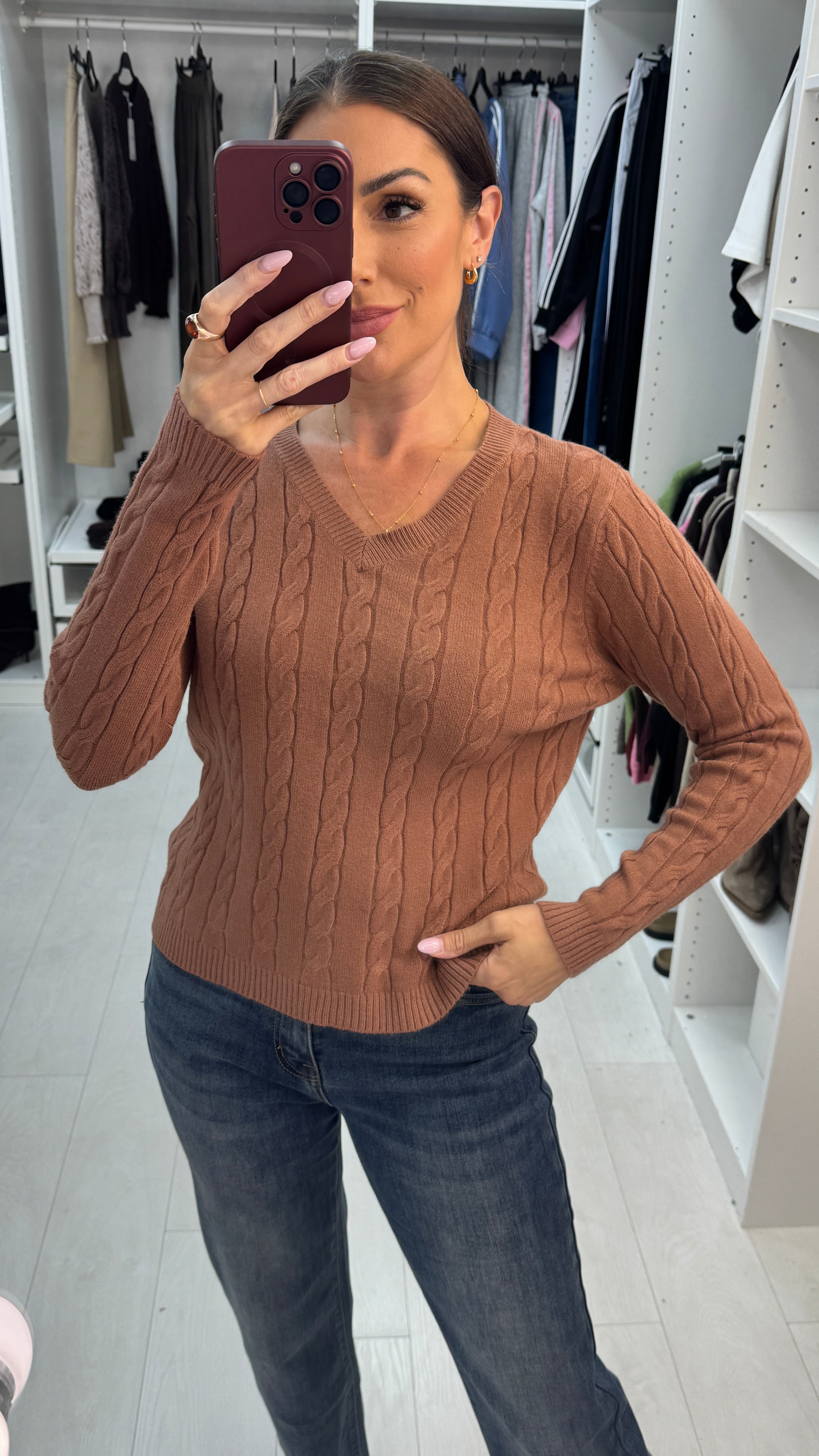 Emberlin Plain V Neck Cable Knit Jumper