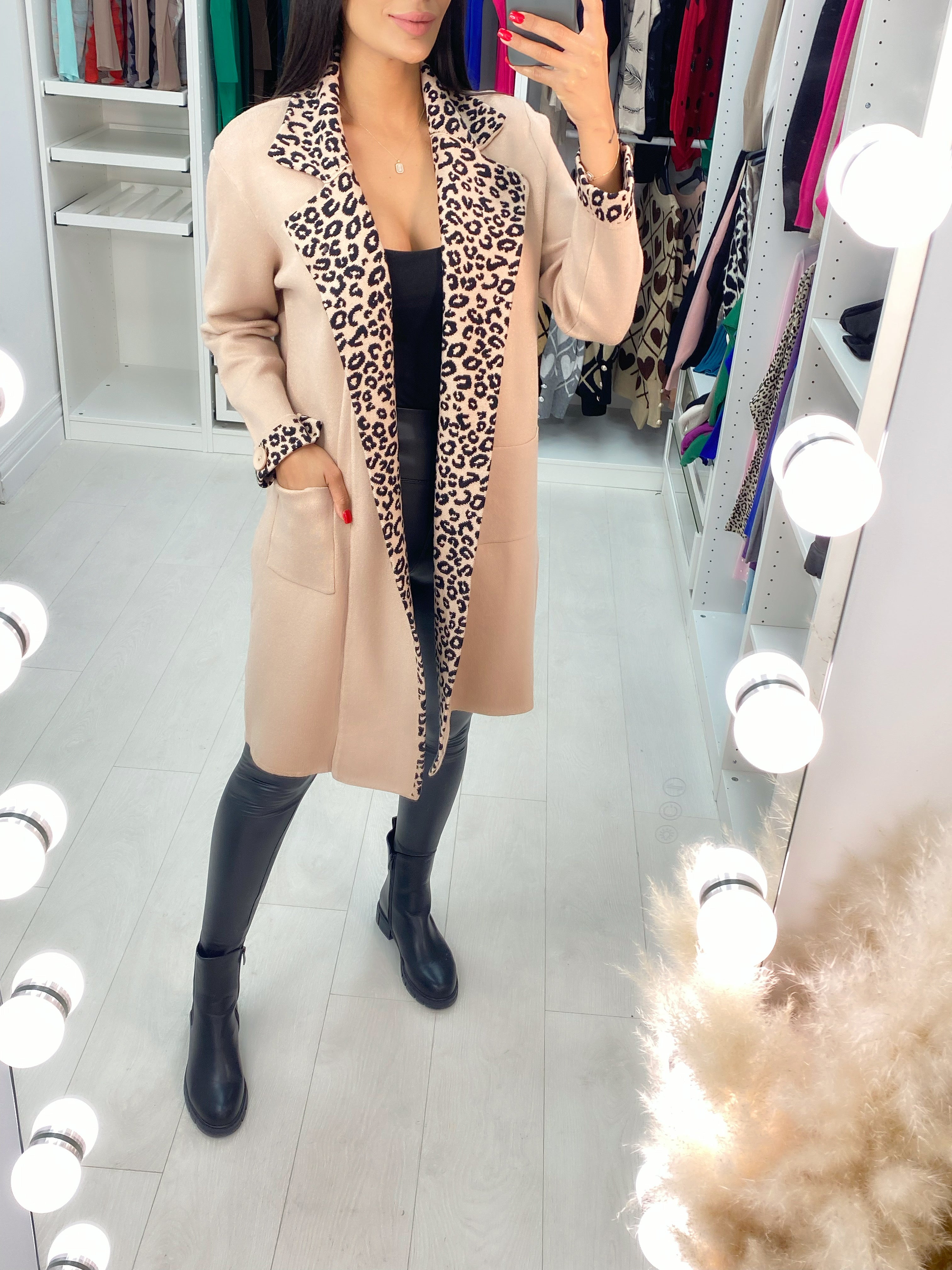 Mya Camel Cheetah Trim Pocket Cardigan