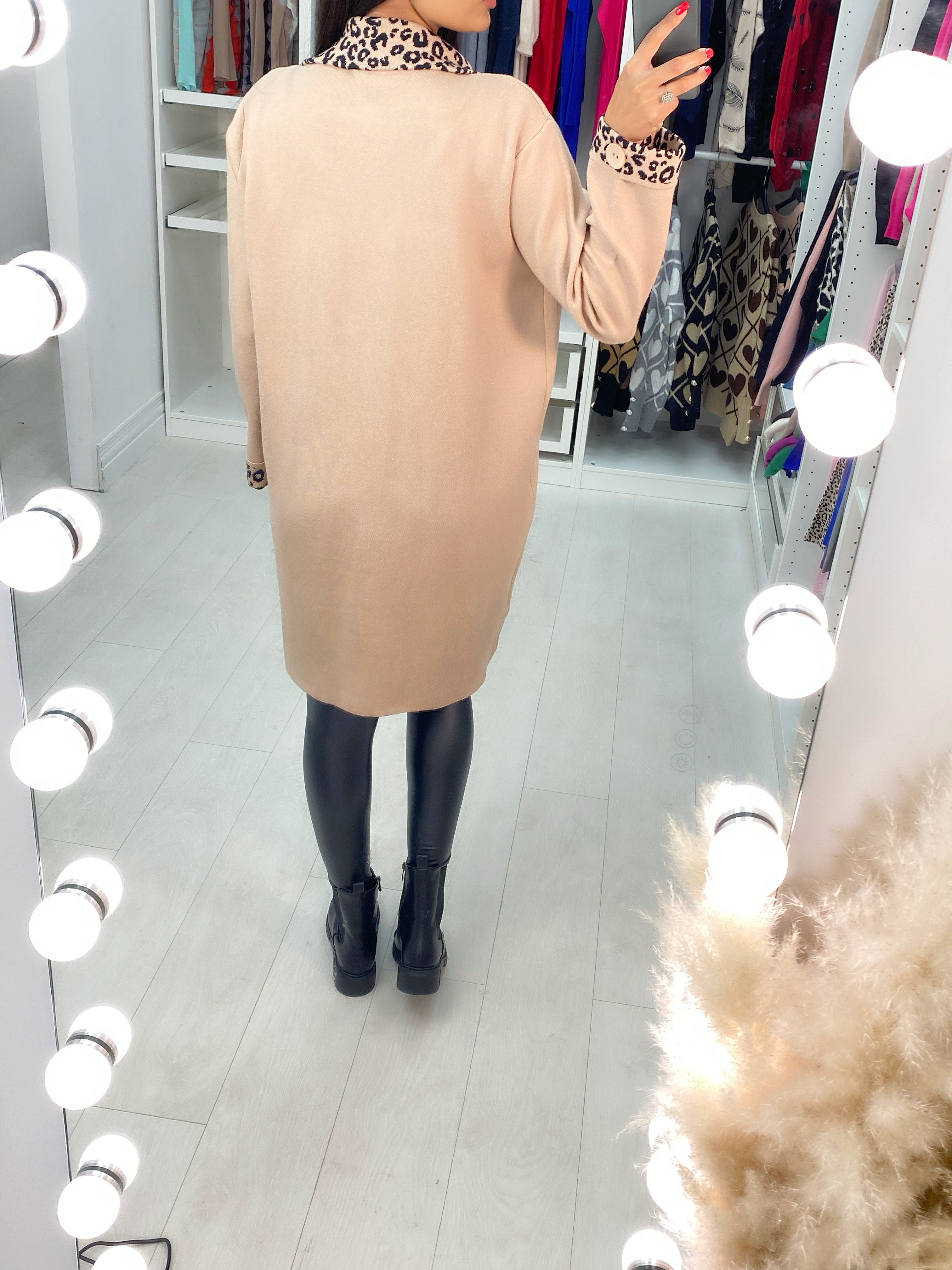 Mya Camel Cheetah Trim Pocket Cardigan