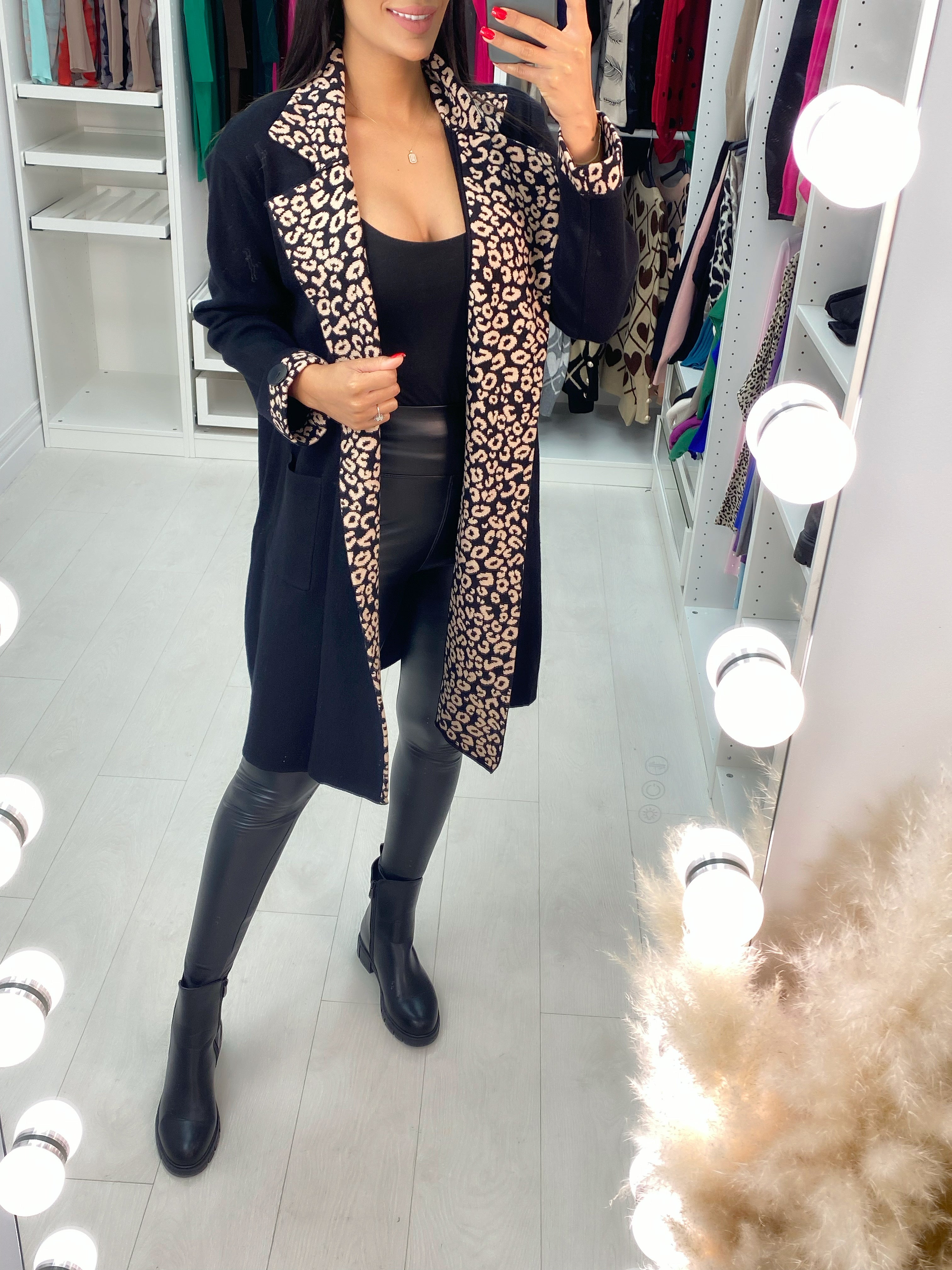 Mya Black/Camel Cheetah Trim Pocket Cardigan