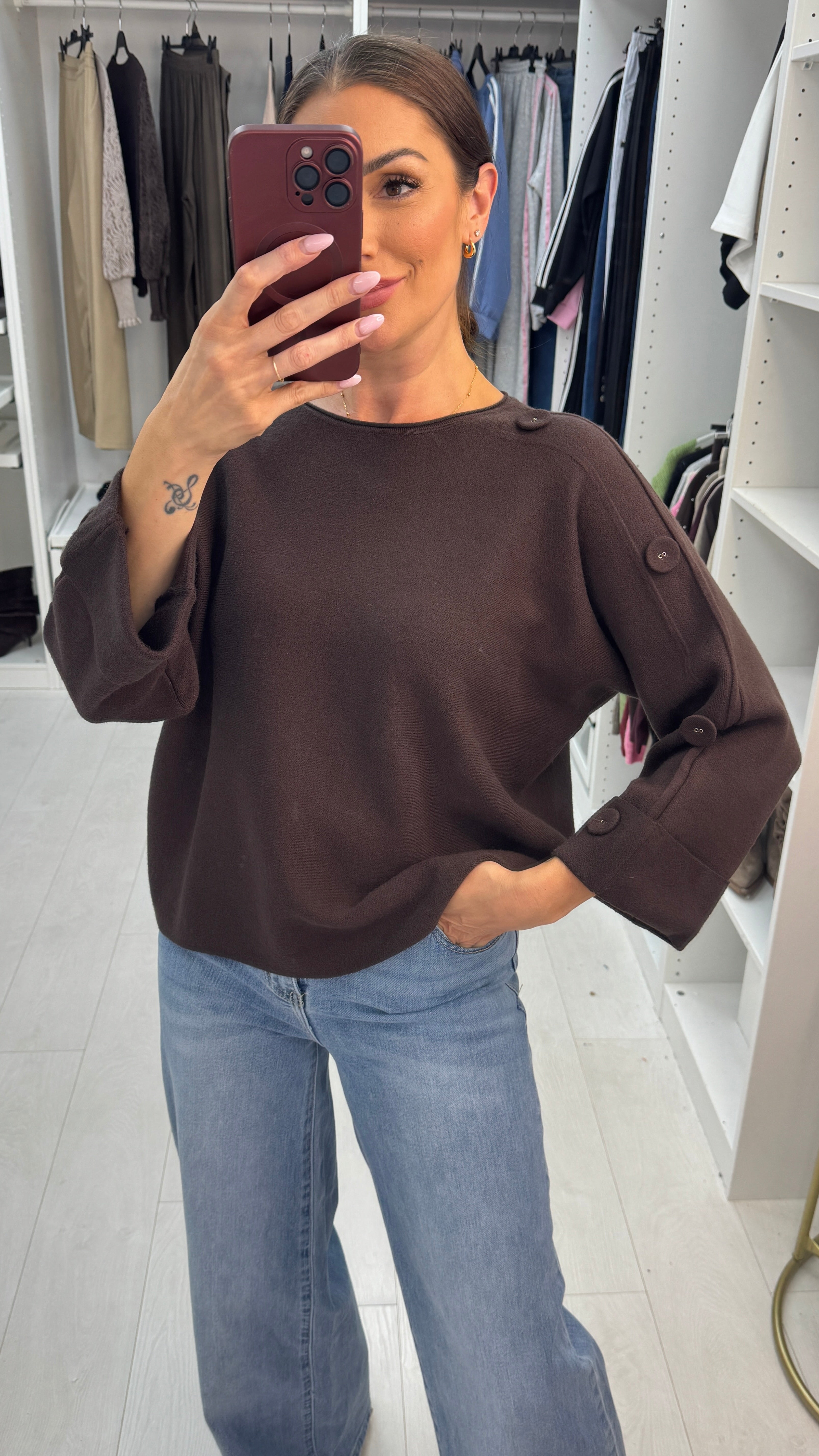 Alinna Plain Button Detailed Loose Fit Jumper
