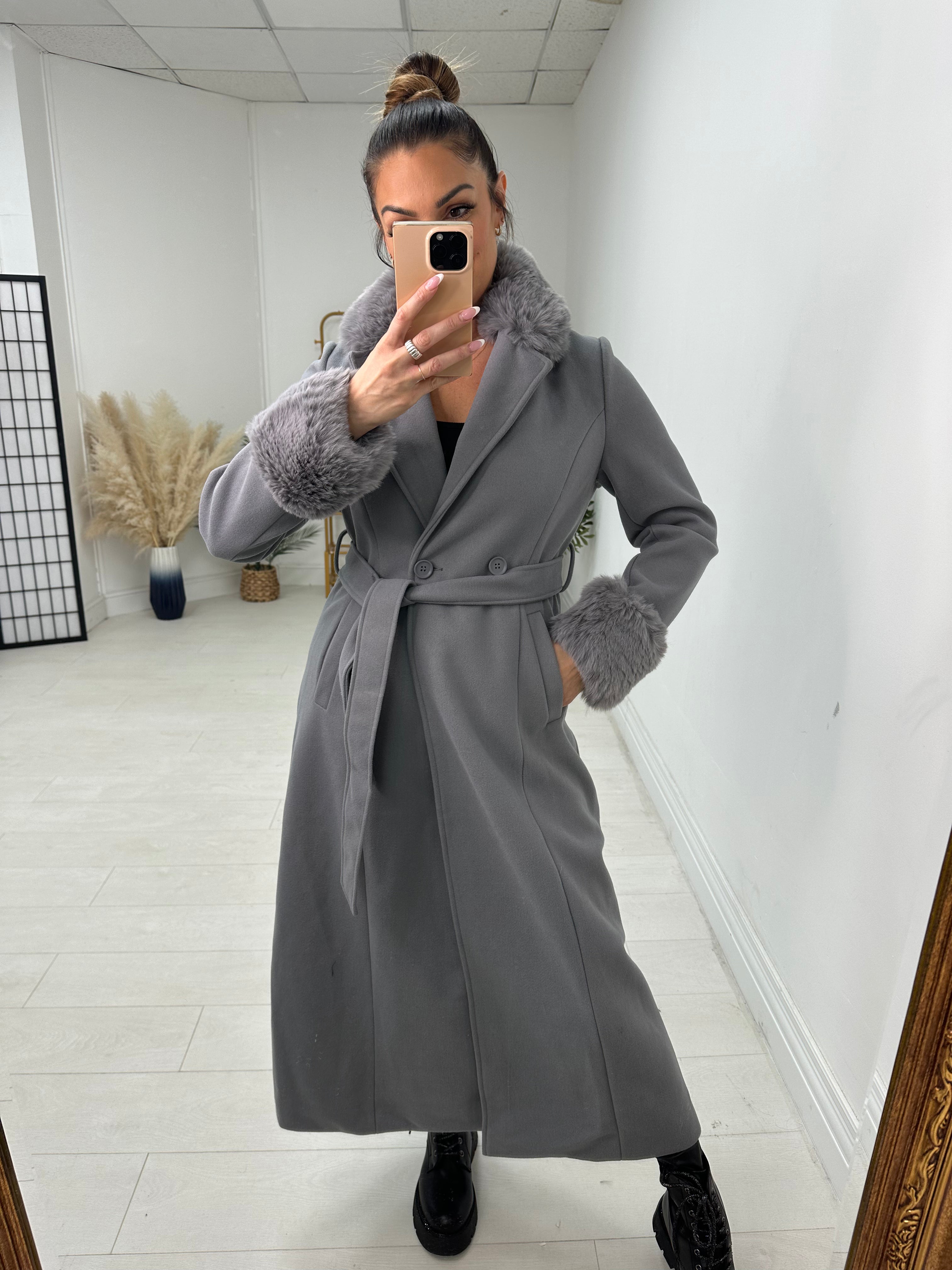 Jenett Faux Fur Collar Longline Jacket