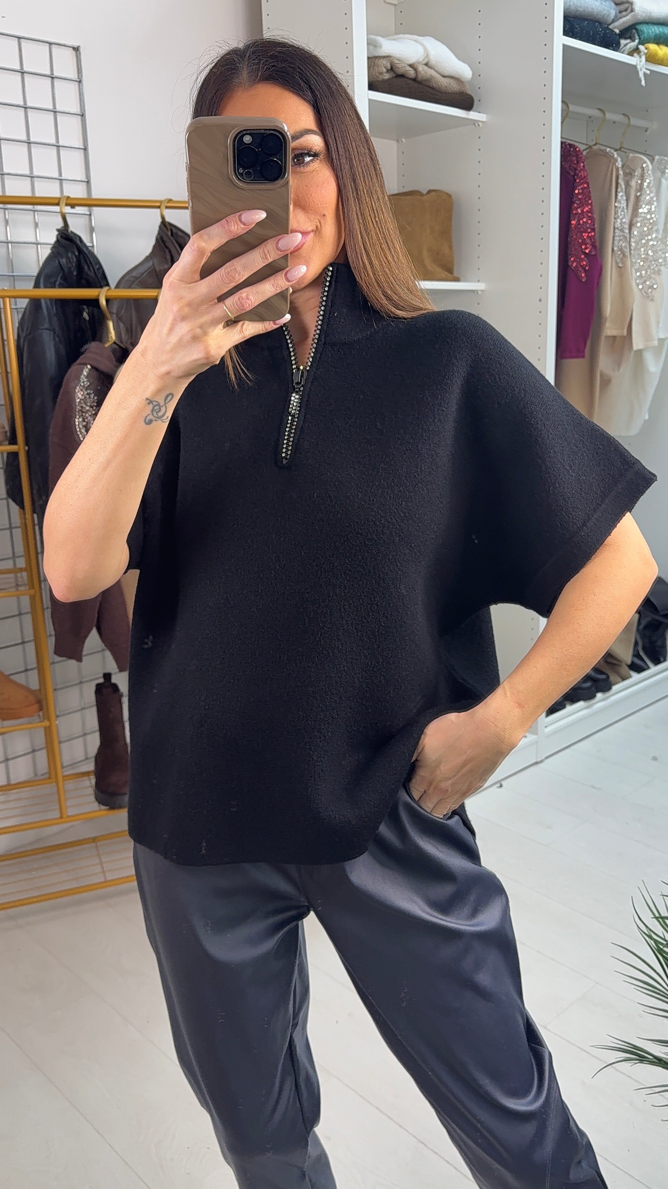 Shelia Plain Diamante Zip Front Jumper