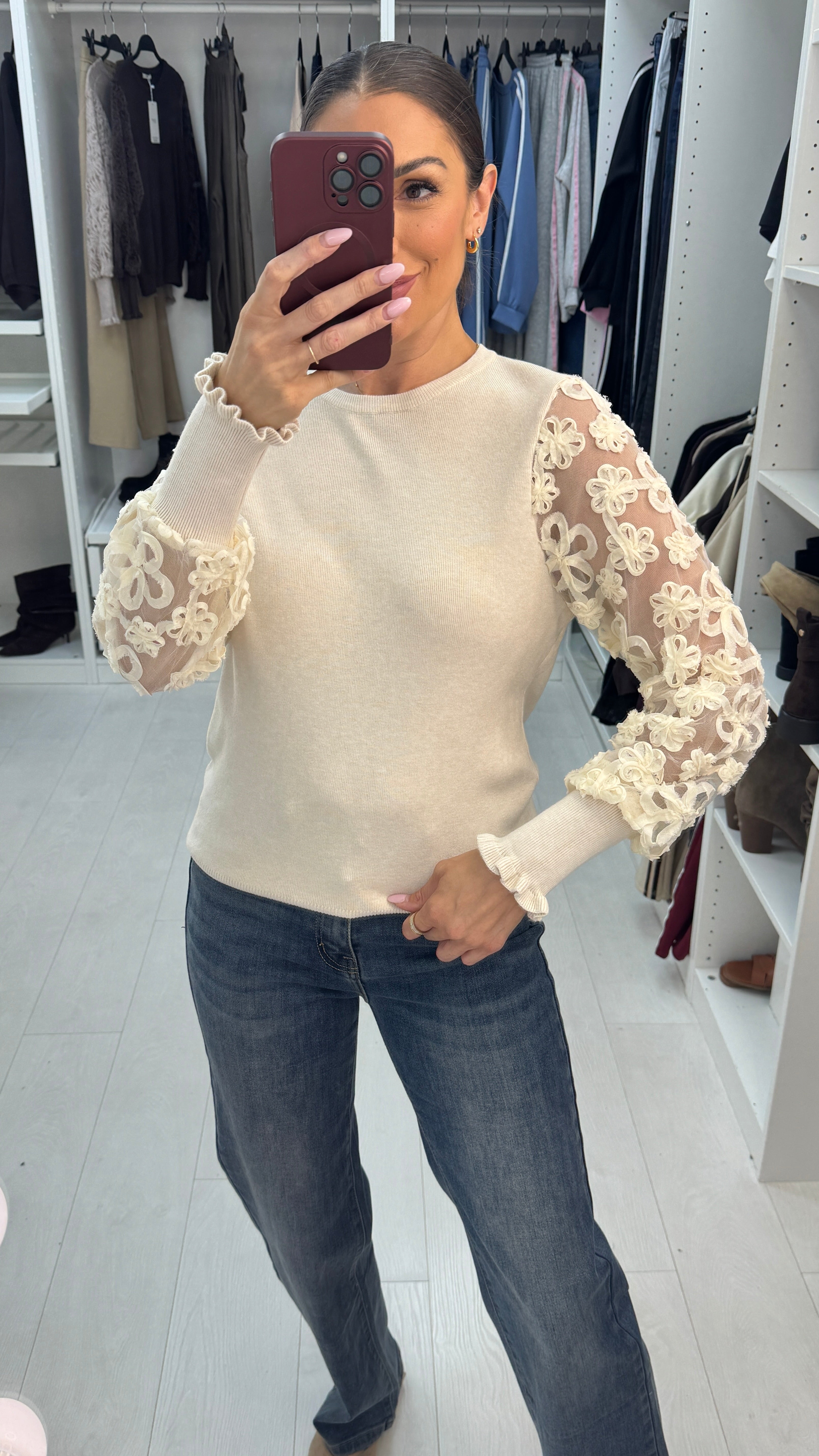 Tanyah Plain Floral Mesh Detailed Sleeve Jumper