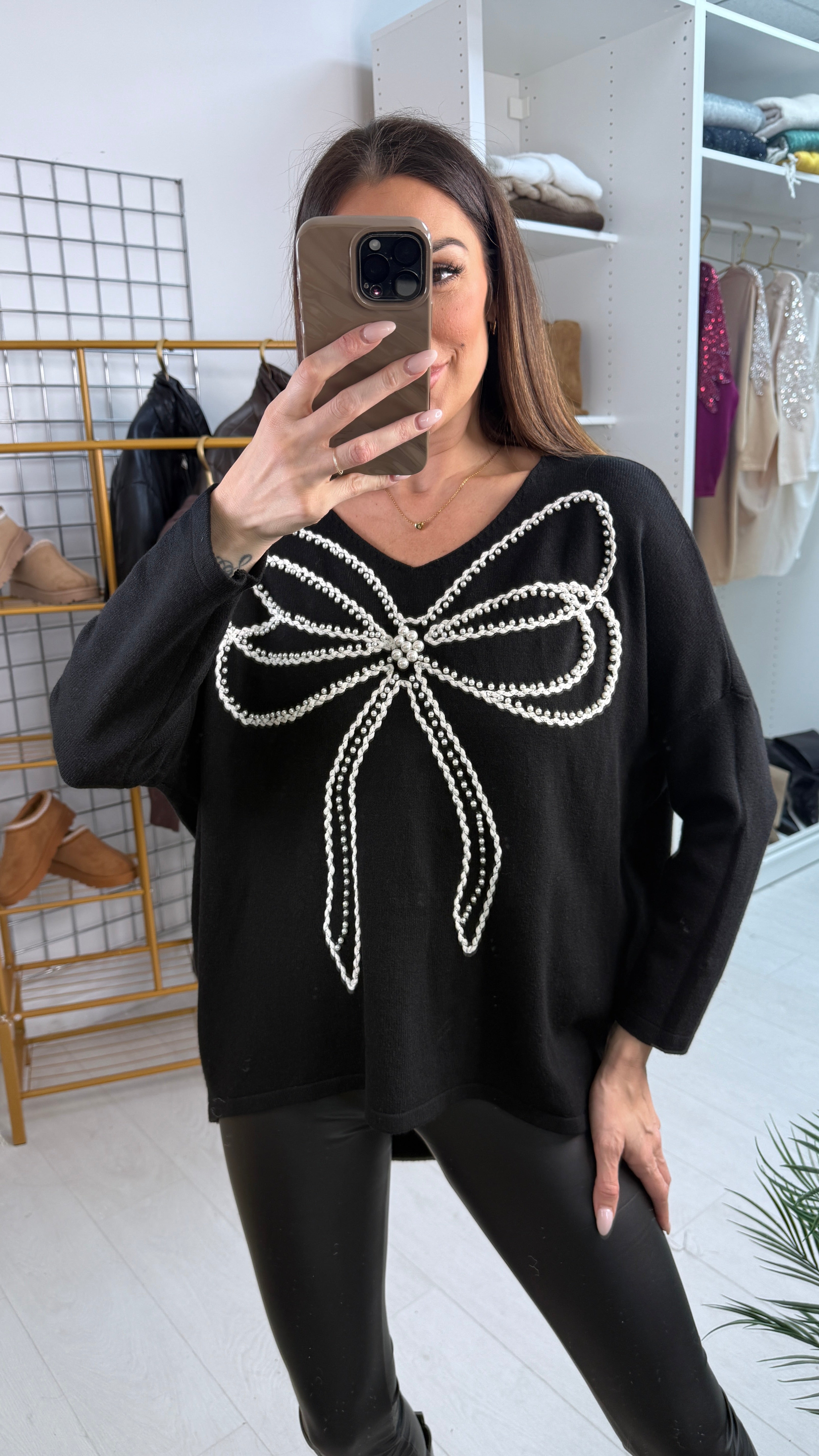 Serina Pearl Embellished Bow Detailed Loose Fit Jumper