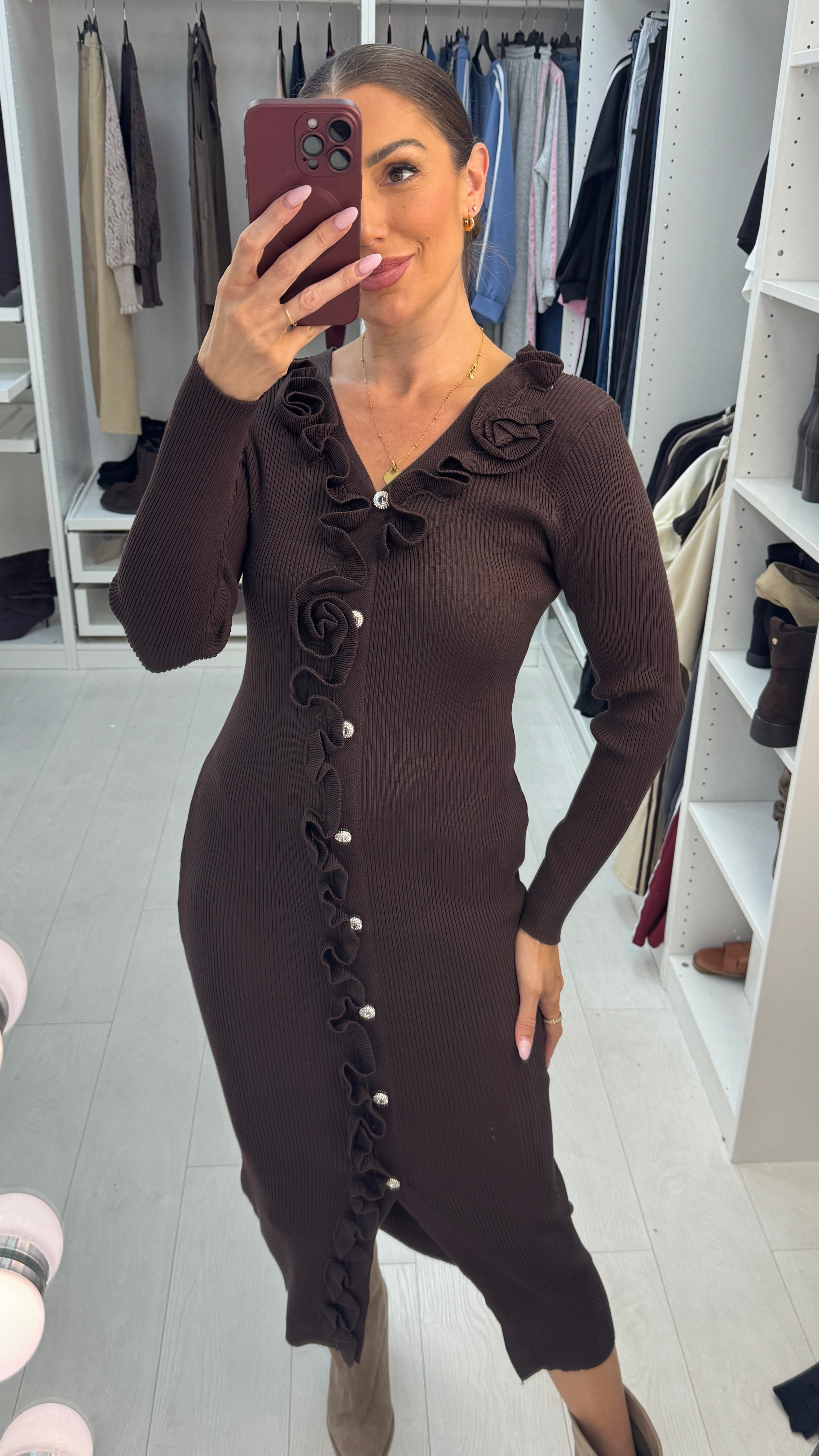 Indira Embellished Ruffle Trim Detail Knit Dress