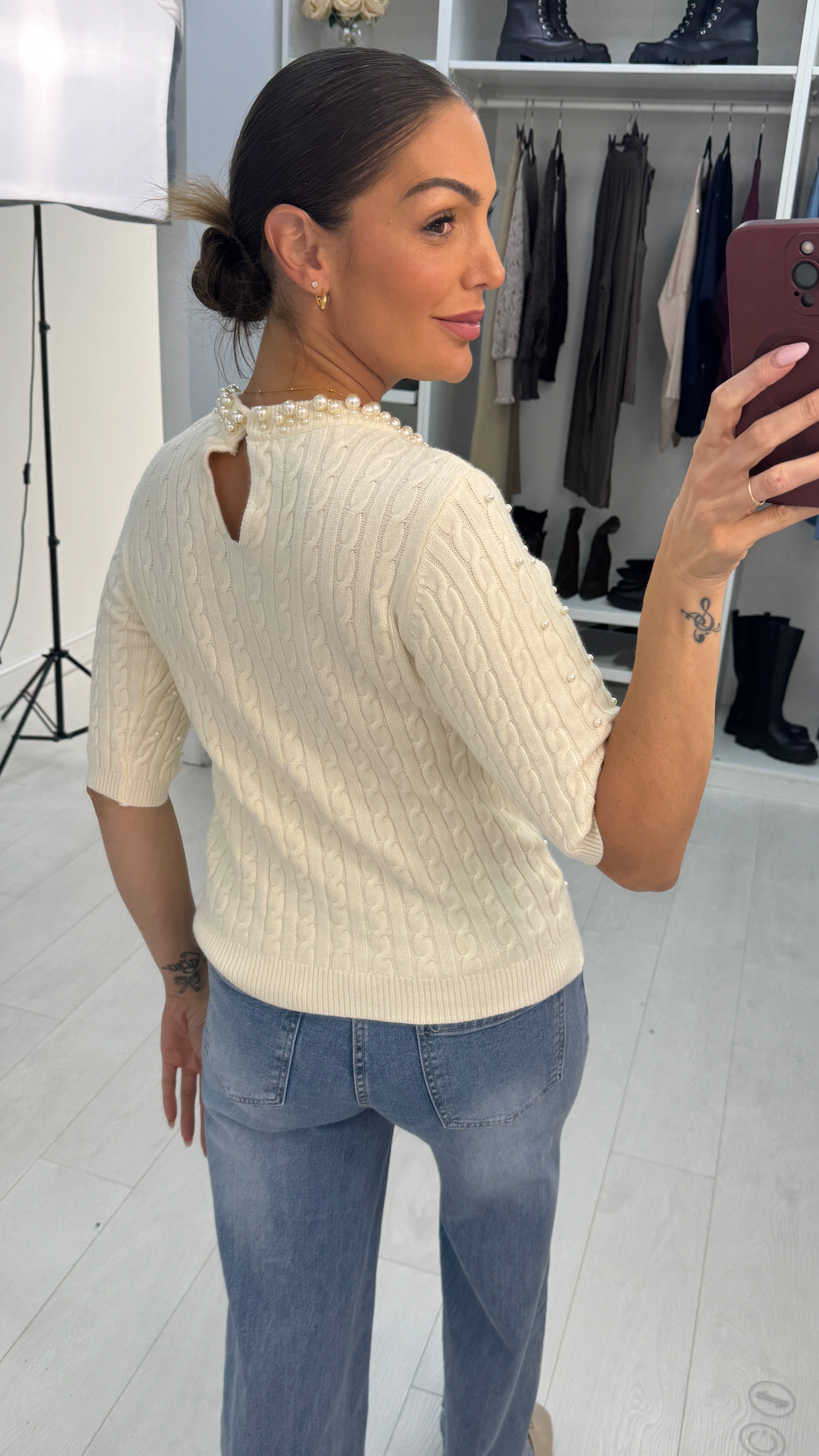 Umie Pearl Embellished Cable Knit Jumper