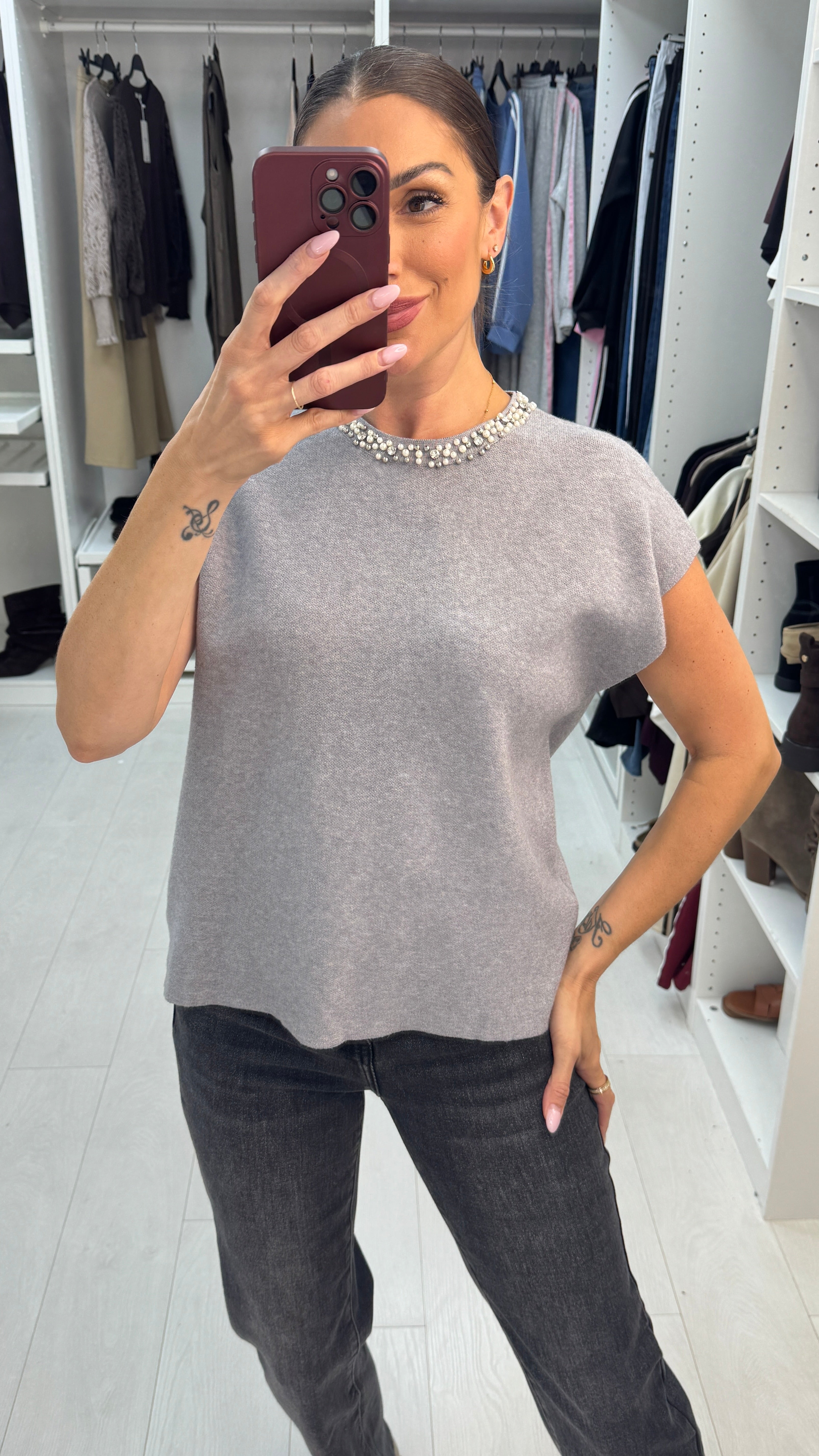 Yana Plain Embellished Sleeveless Jumper