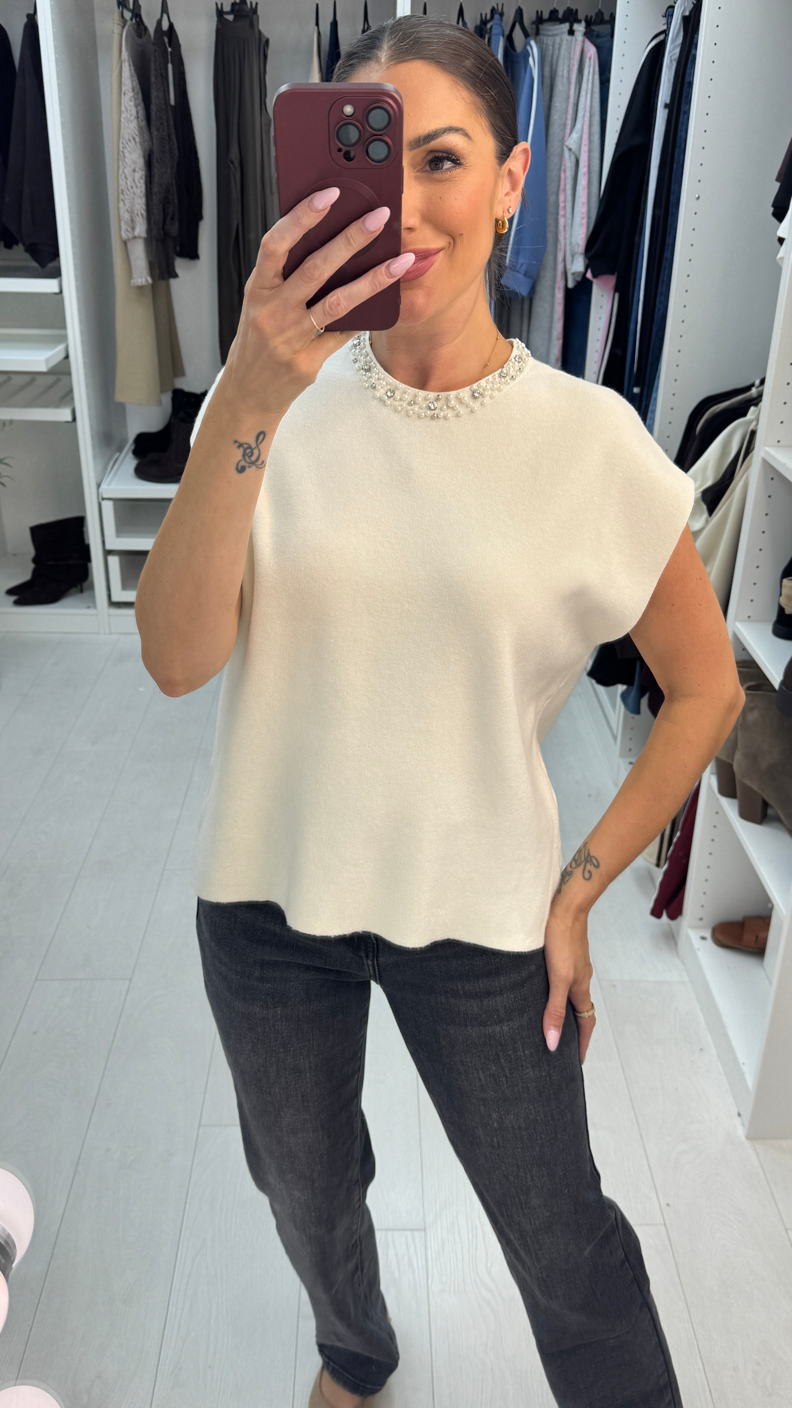 Yana Plain Embellished Sleeveless Jumper