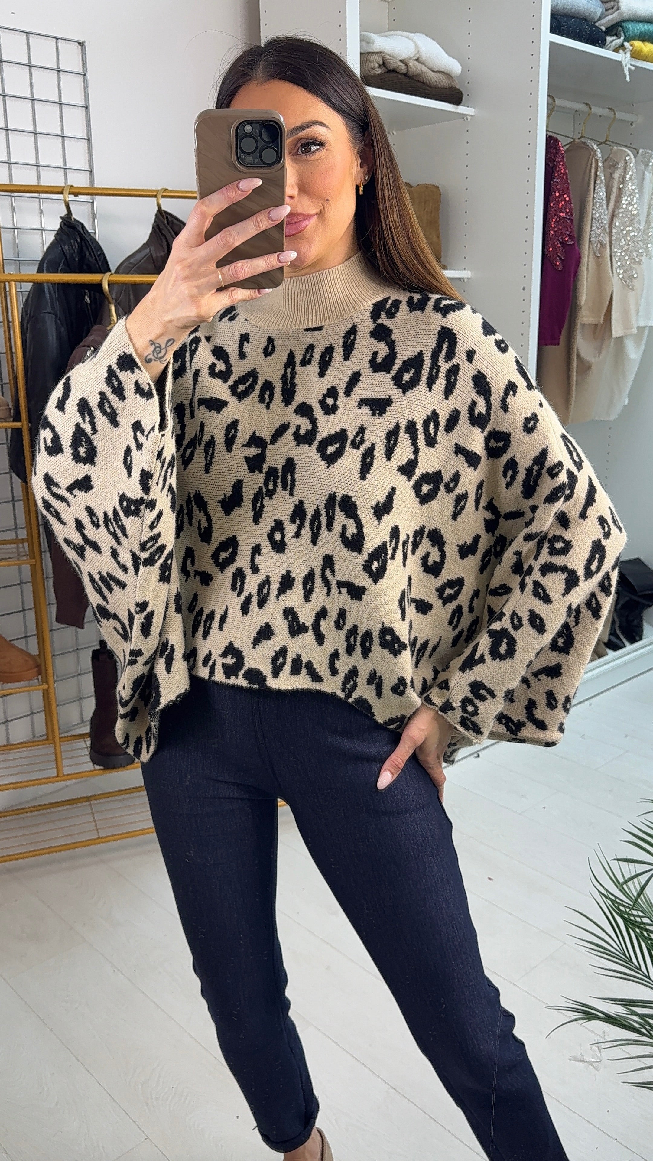 Carlie Animal Print Loose Fit Dipped Hem Jumper