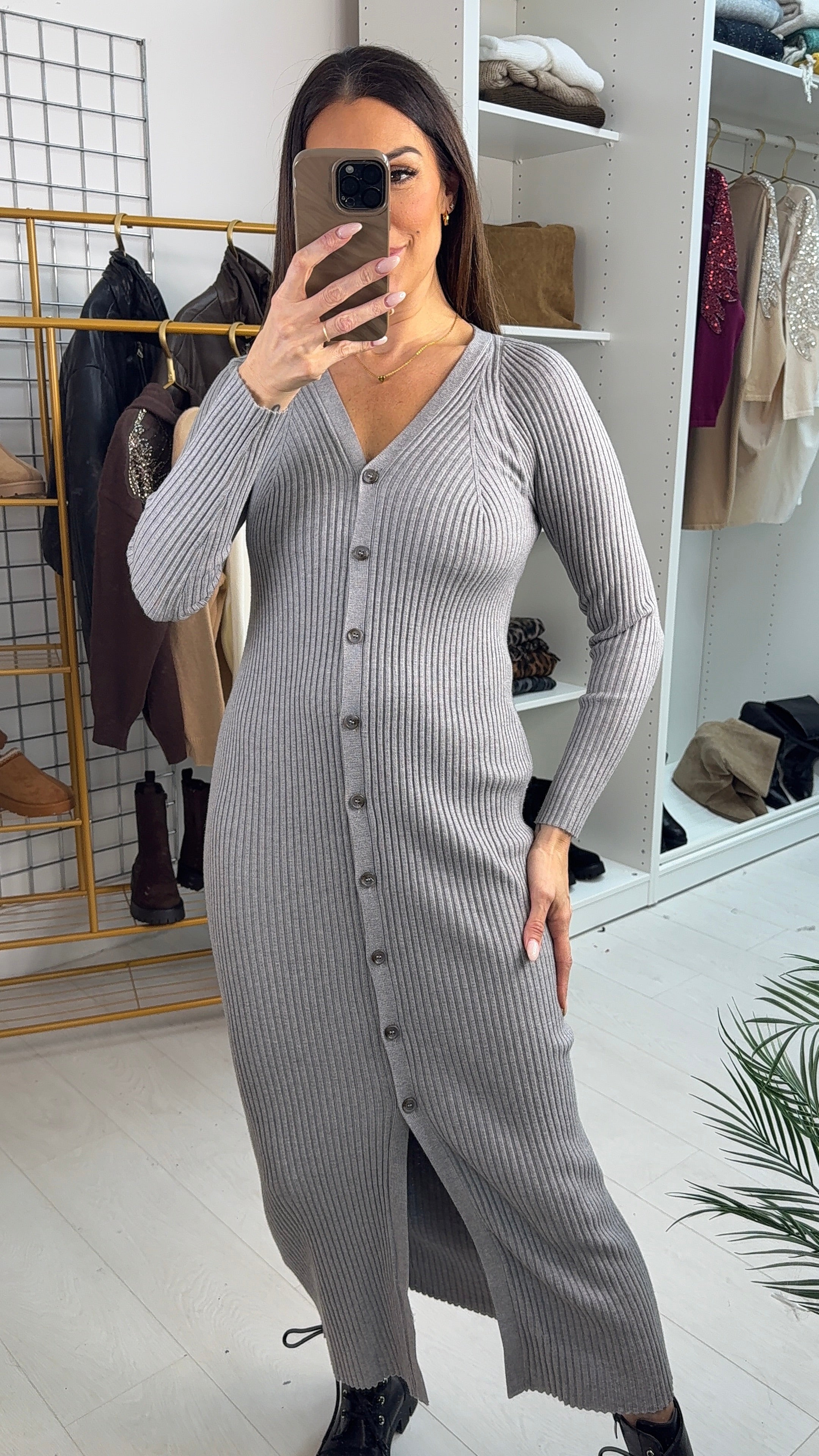 Jolena Plain Ribbed Button Front Jumper Dress