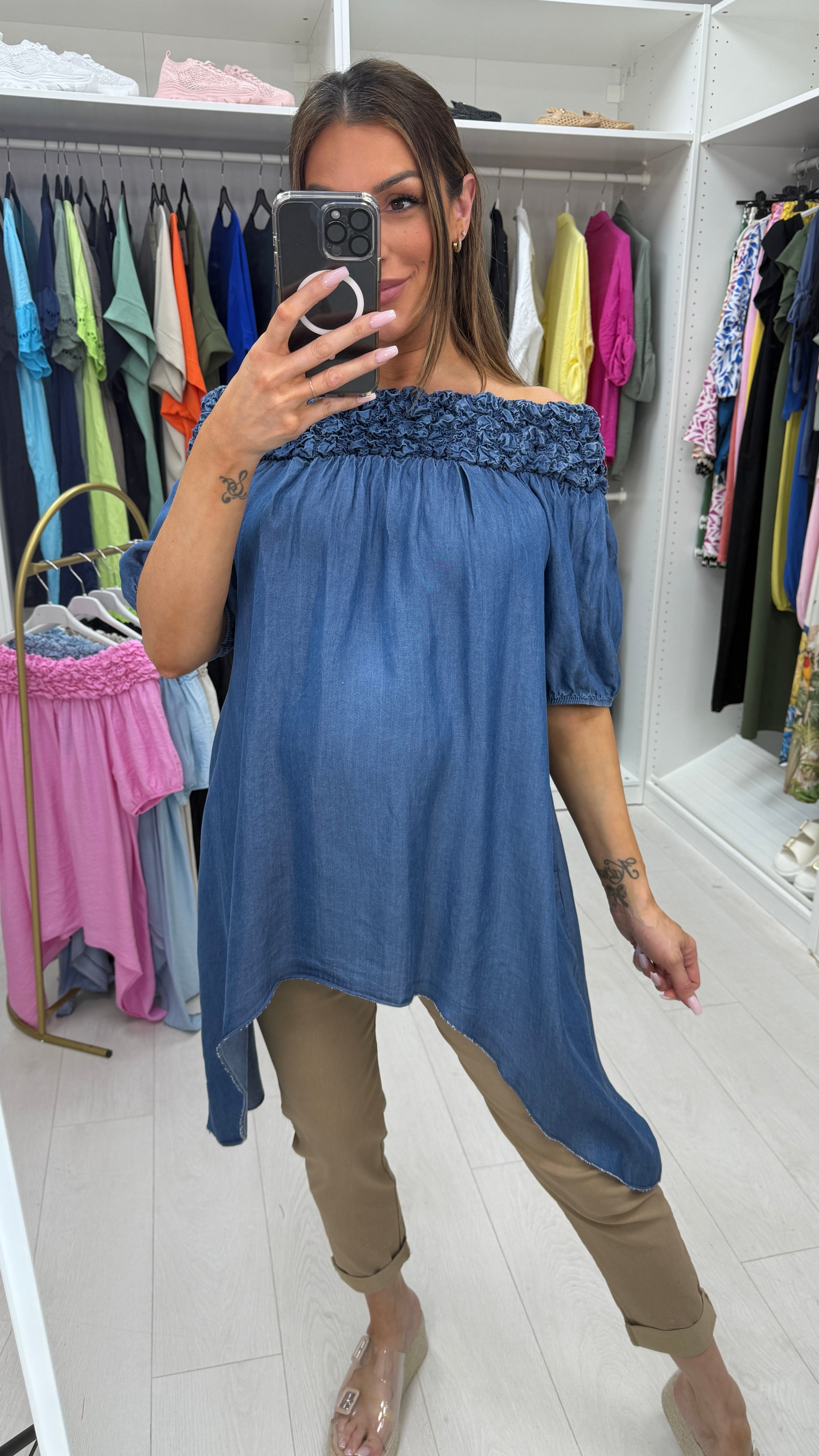 Siara Asymmetric Denim Bardot Top
