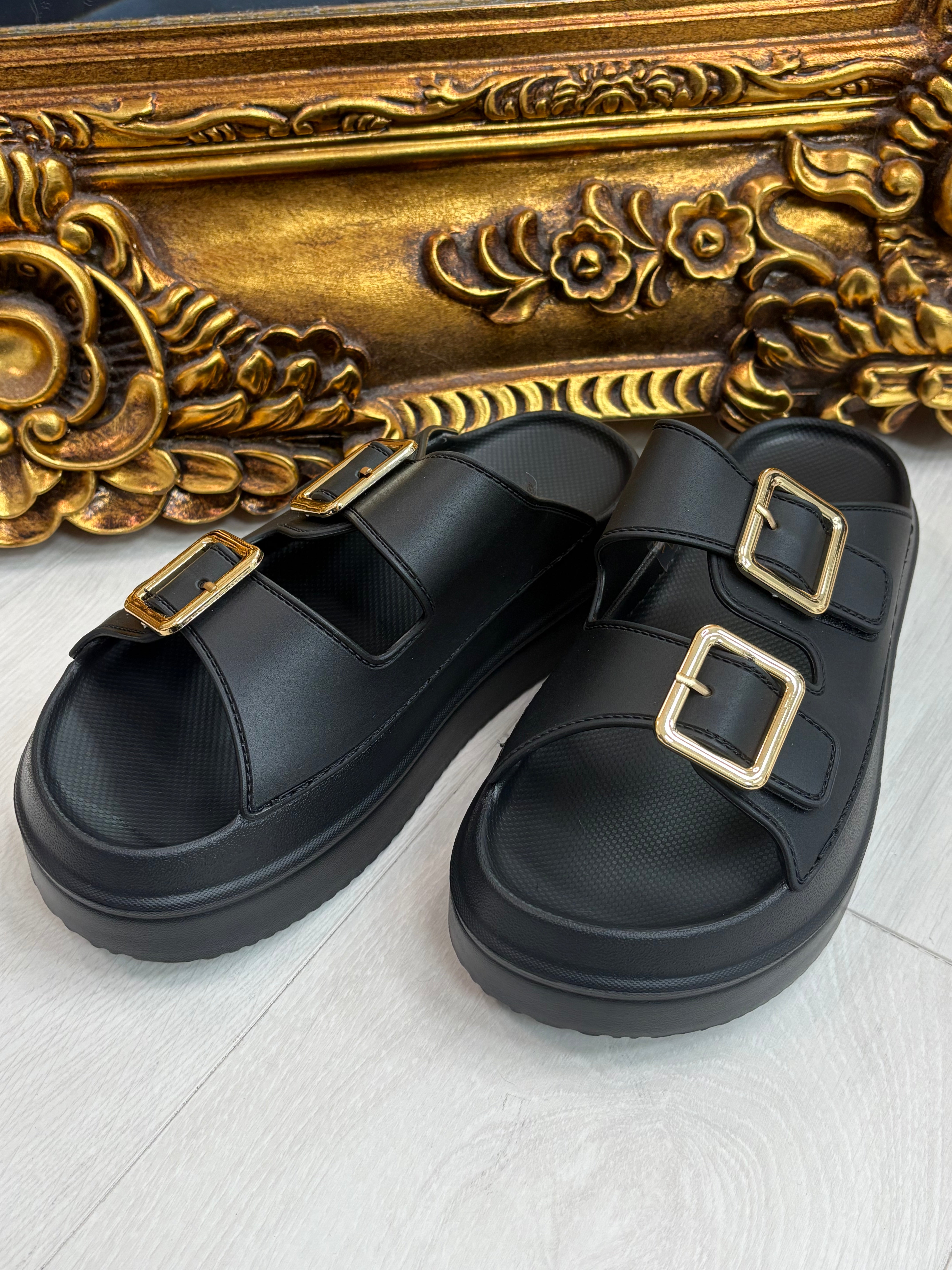 Sienna Plain Double Buckle Platform Sliders
