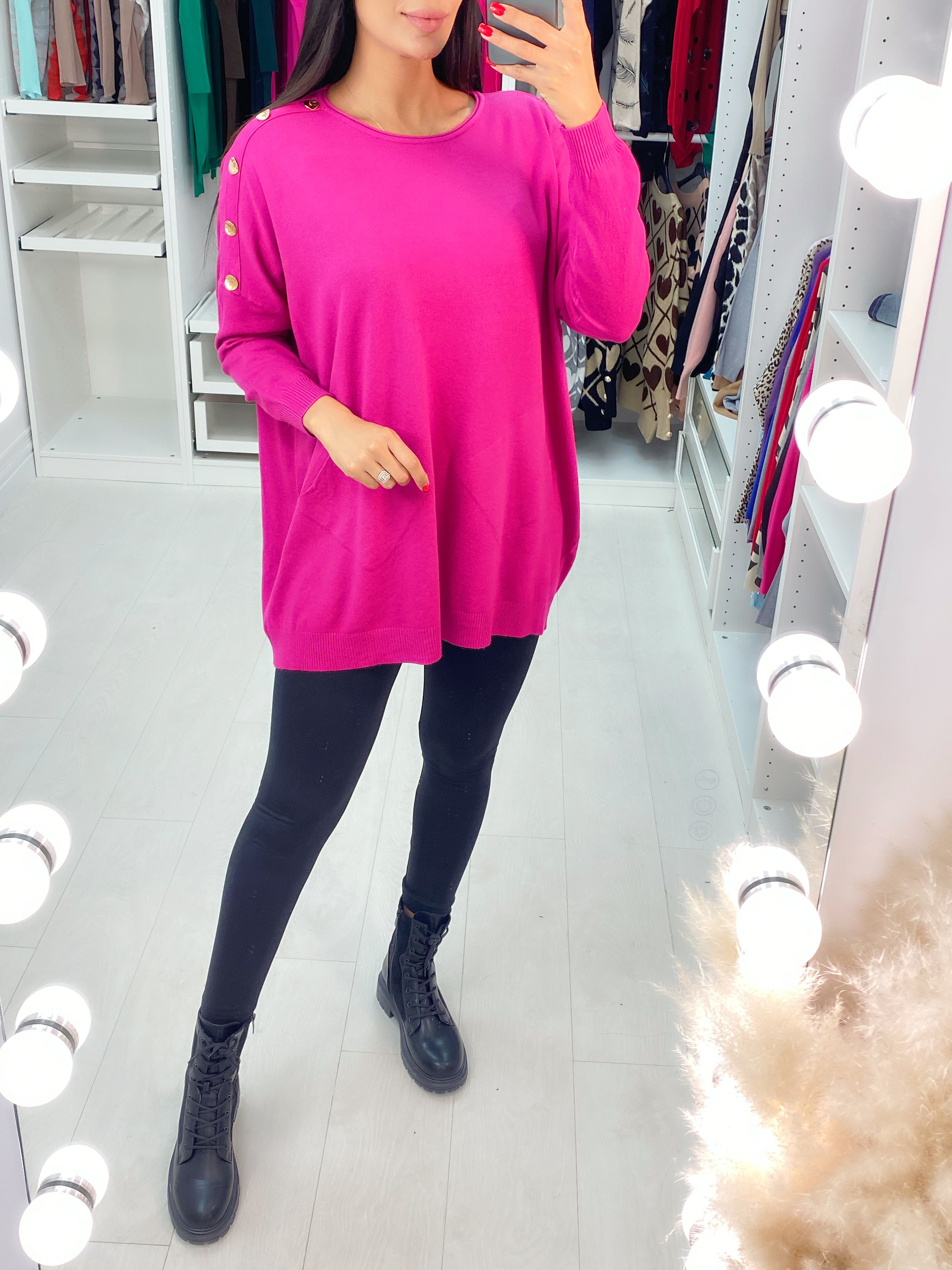 Makayla Plain Button Shoulder Pocket Front Jumper