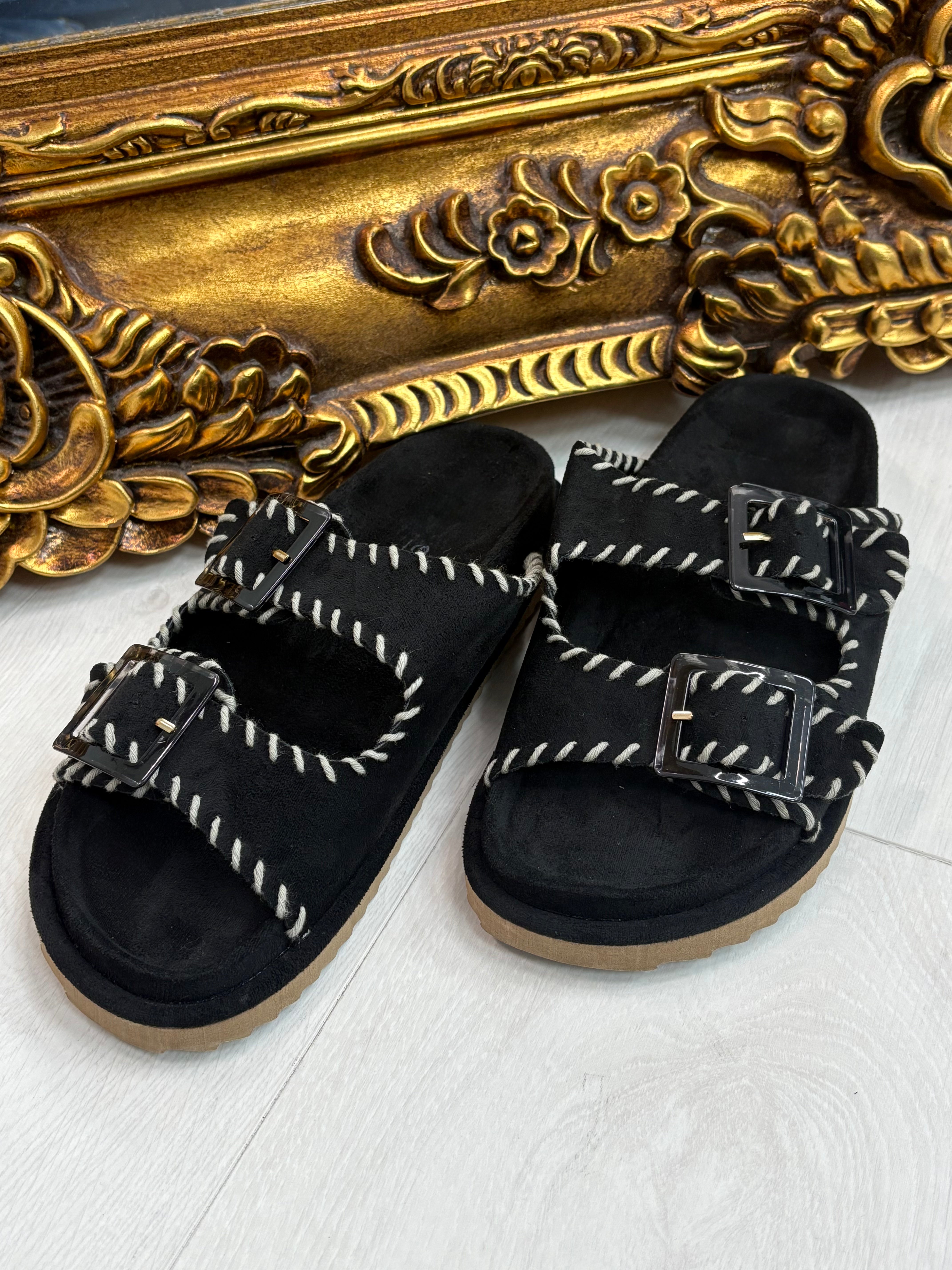 Caity Faux Suede Stitched Hem Buckle Sliders