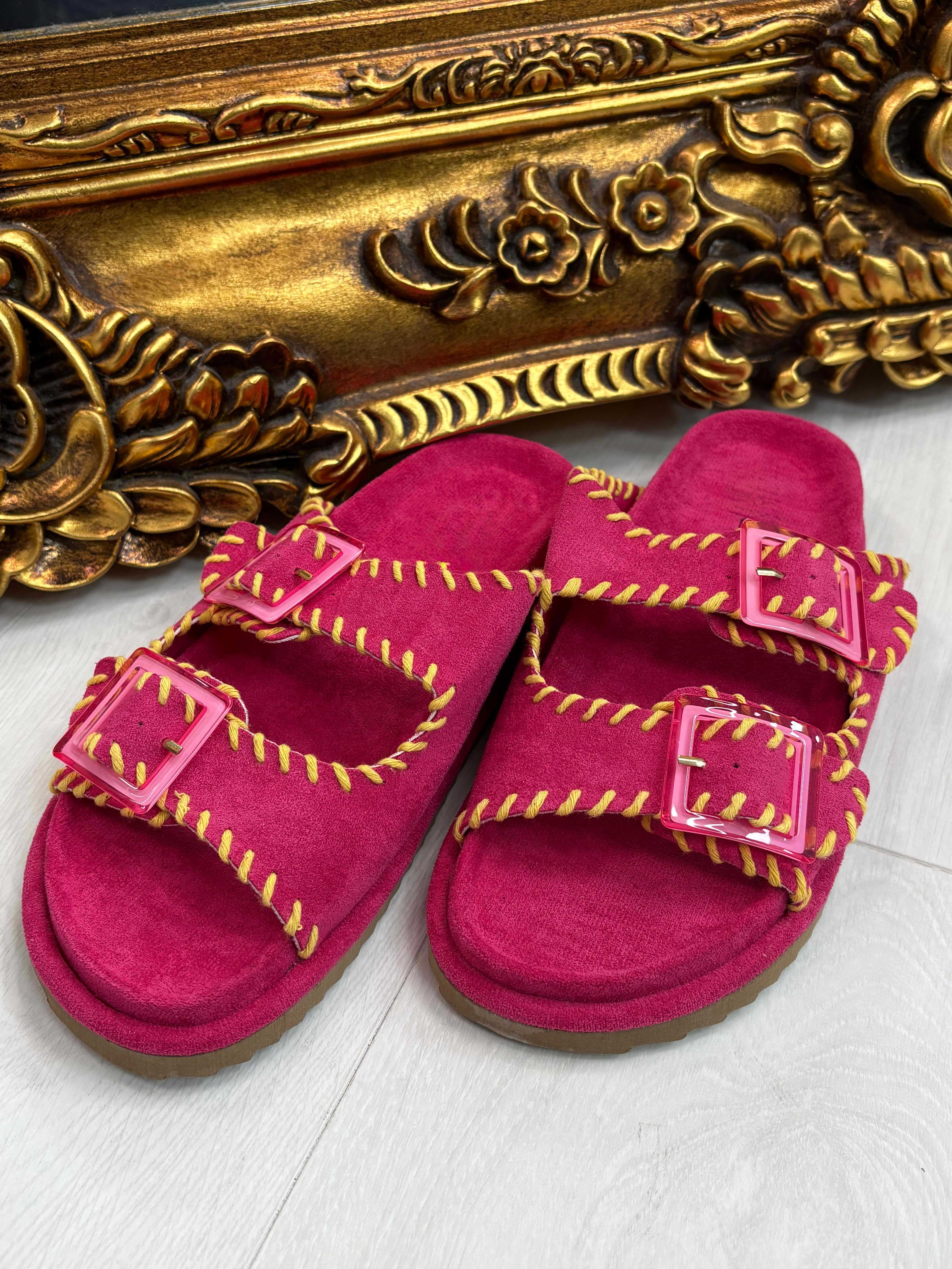 Caity Faux Suede Stitched Hem Buckle Sliders