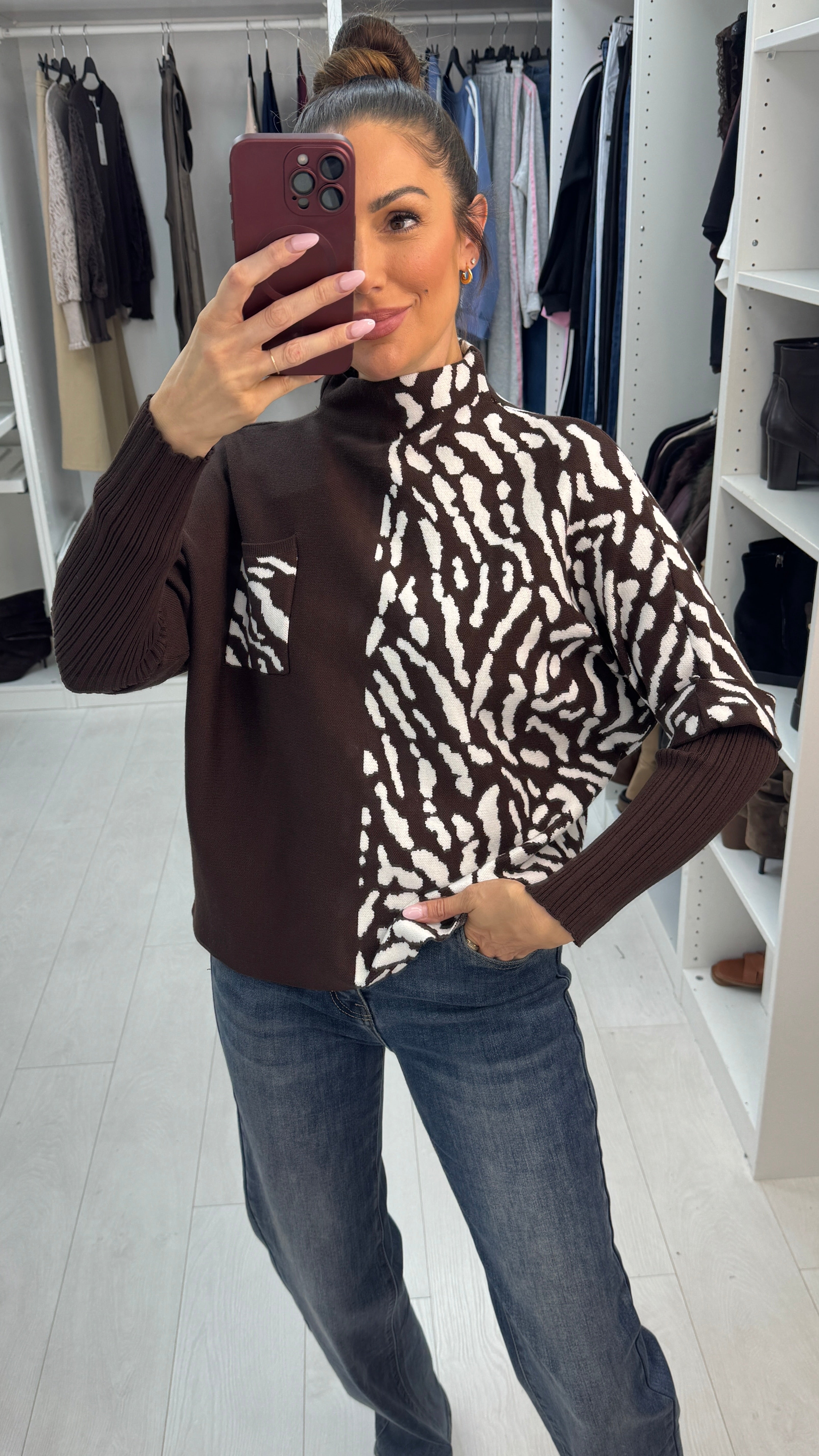 Becka Animal Print High Neck Loose Fit Jumper