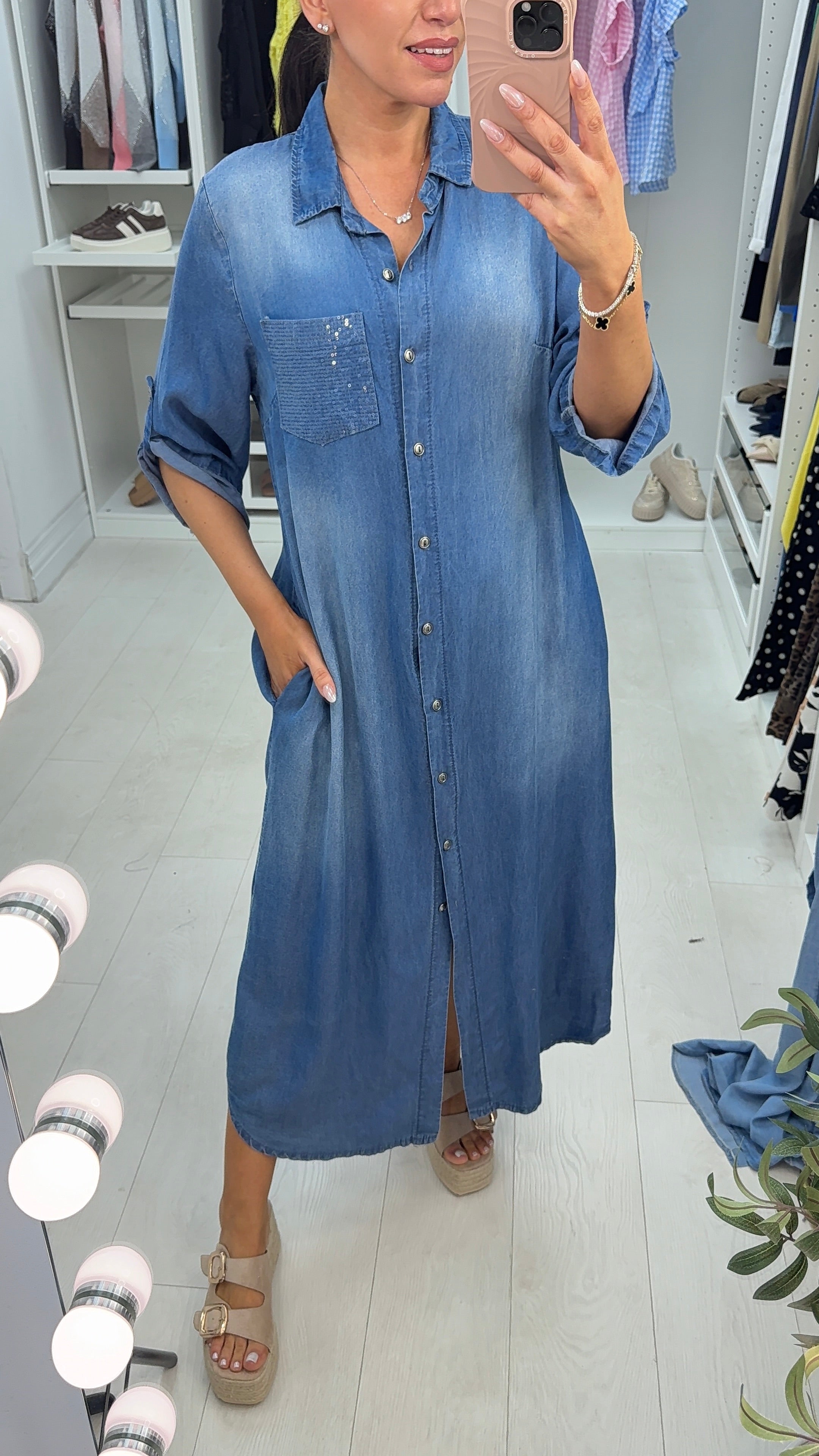 Gabriella Denim Sequin Pocket Detail Maxi Shirt Dress