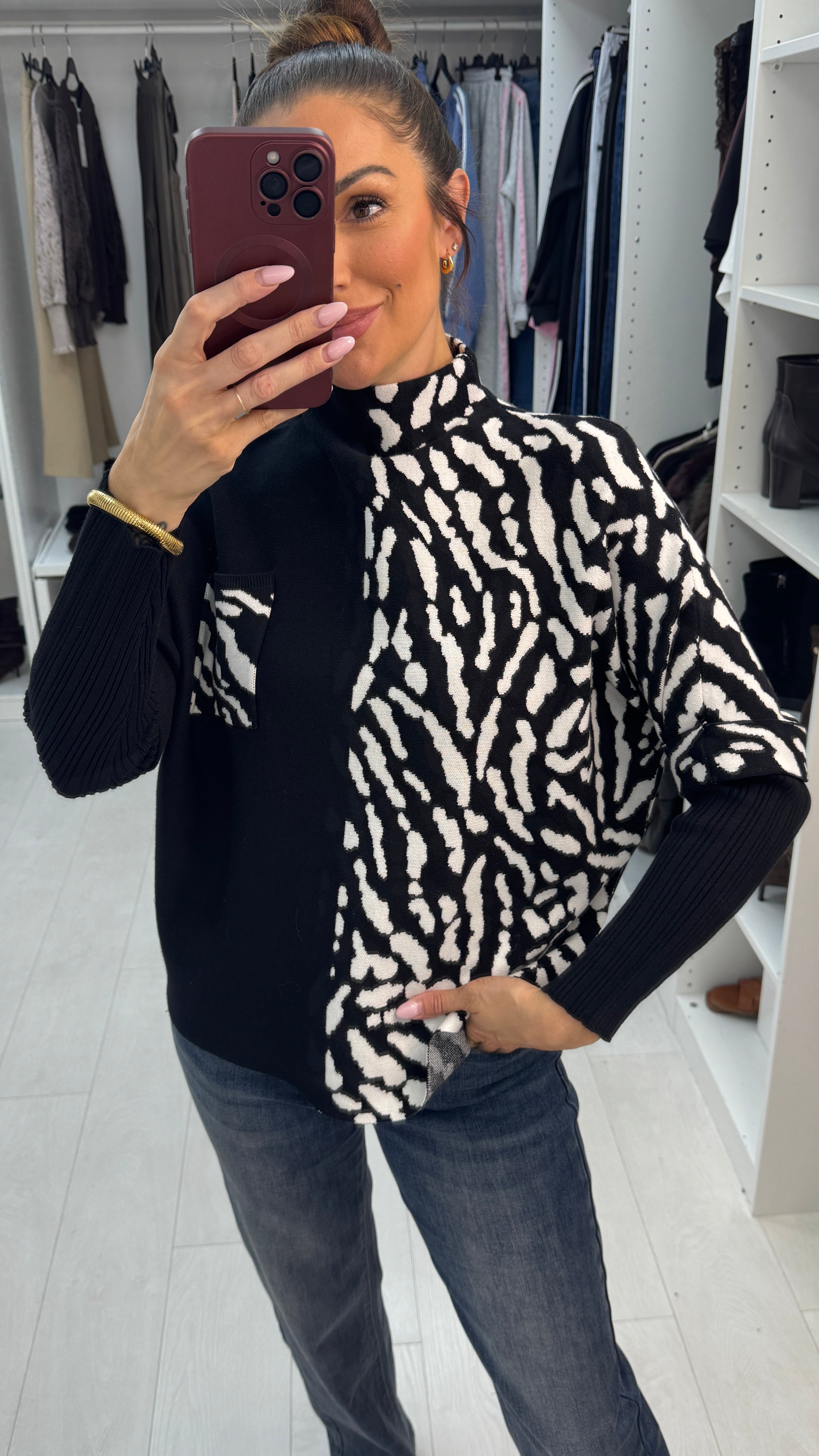 Becka Animal Print High Neck Loose Fit Jumper
