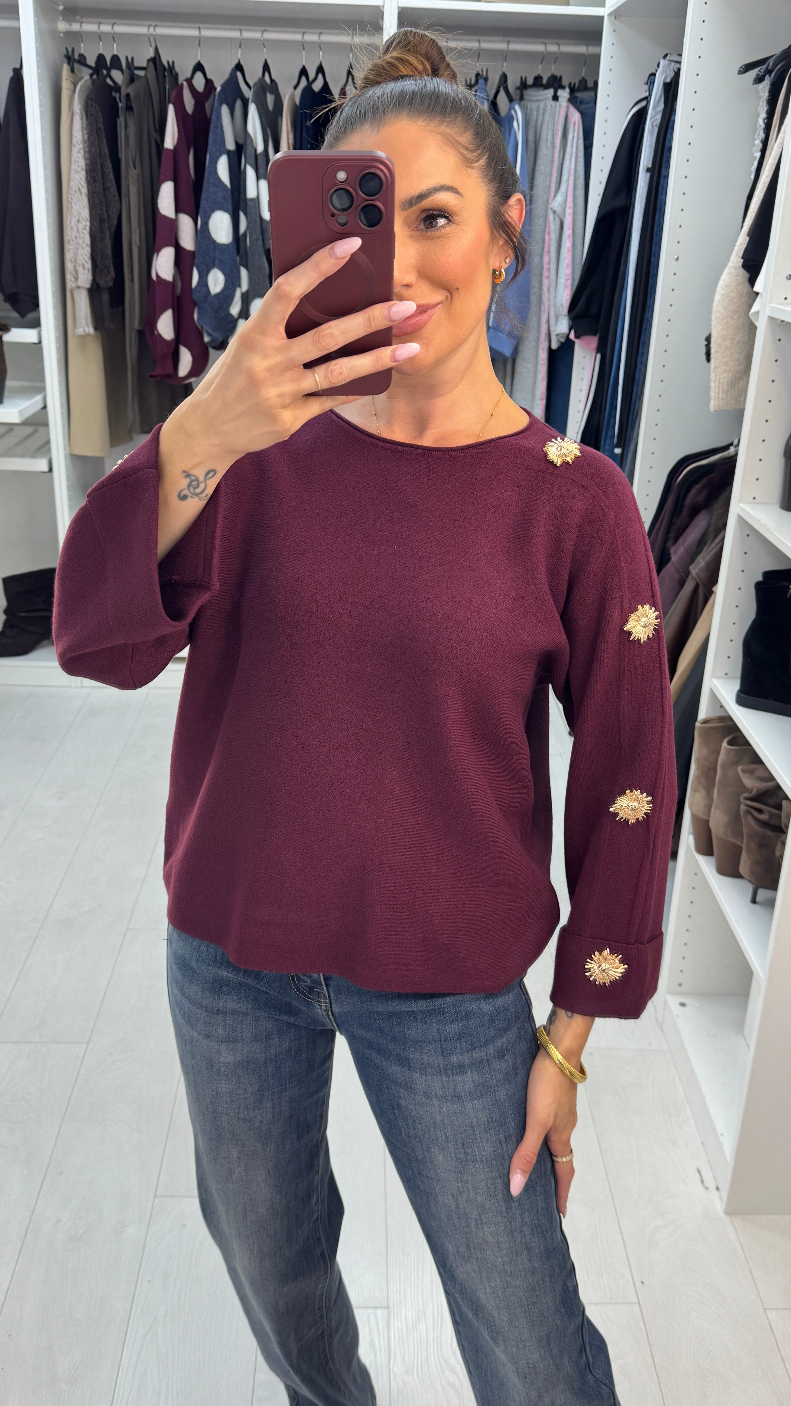 Olena Plain Embellished Sleeve Jumper