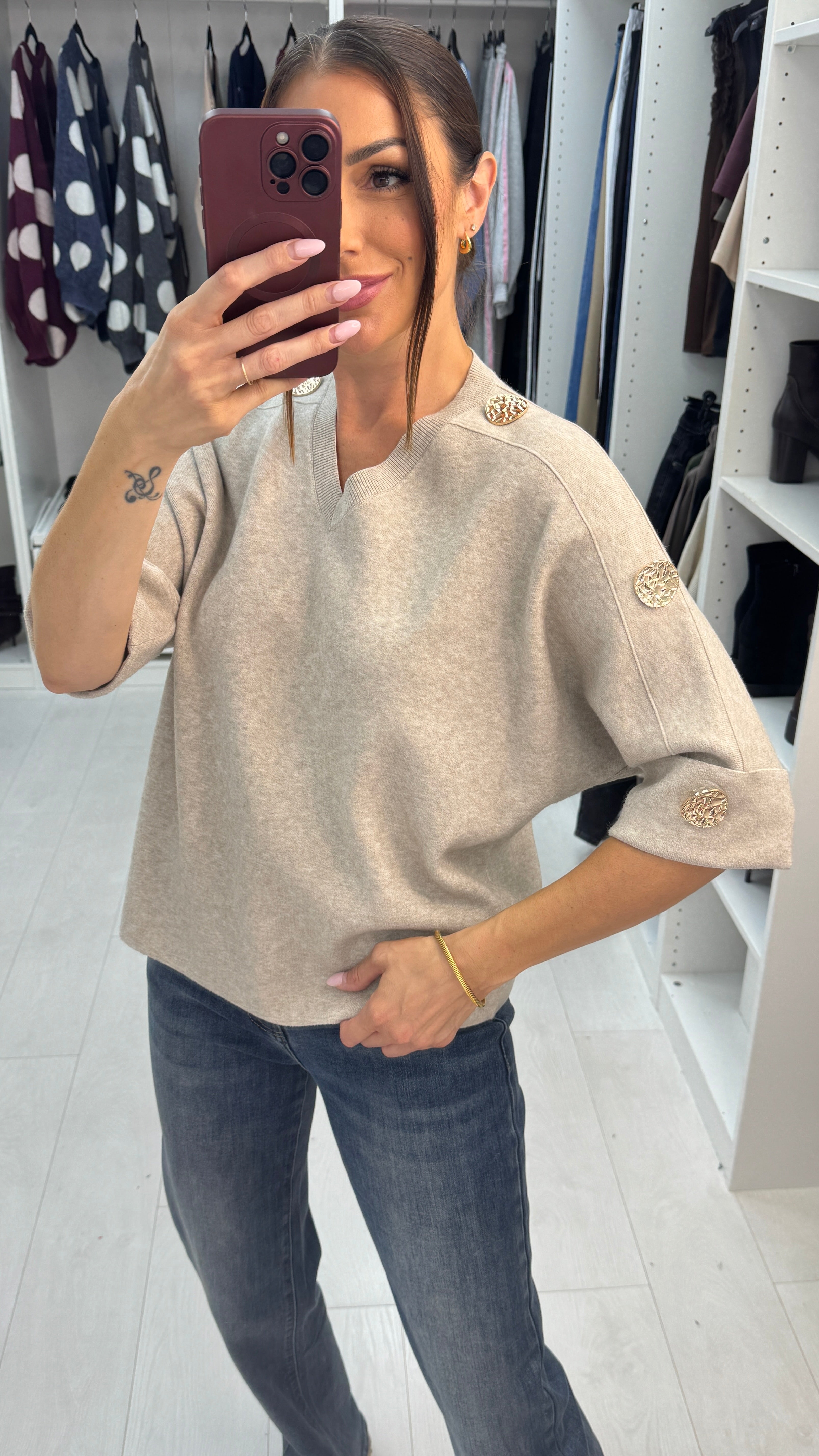 Vela V Neck Embellished Sleeve Batwing Jumper