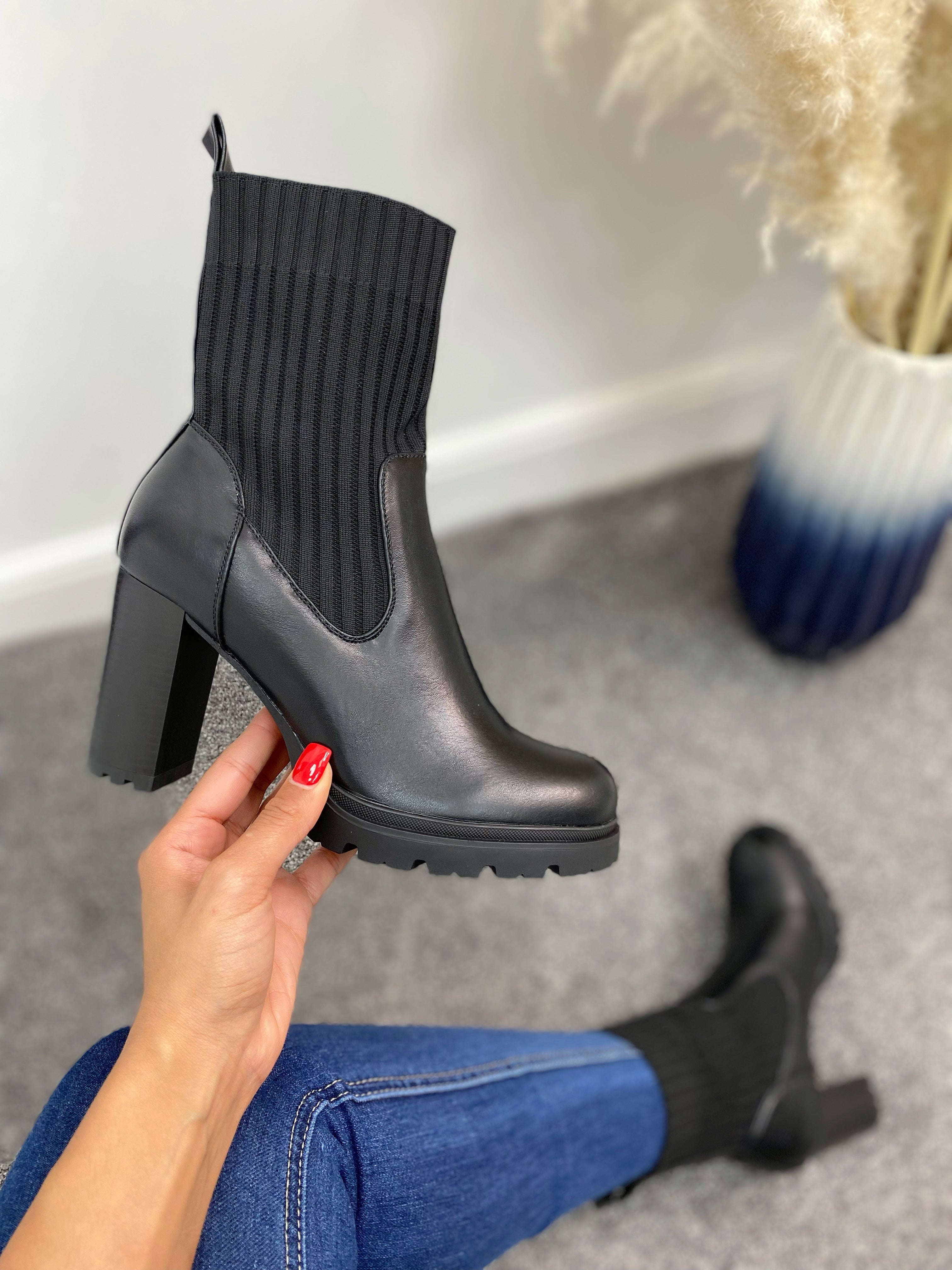 Flitz Black Block Heeled Sock Boots