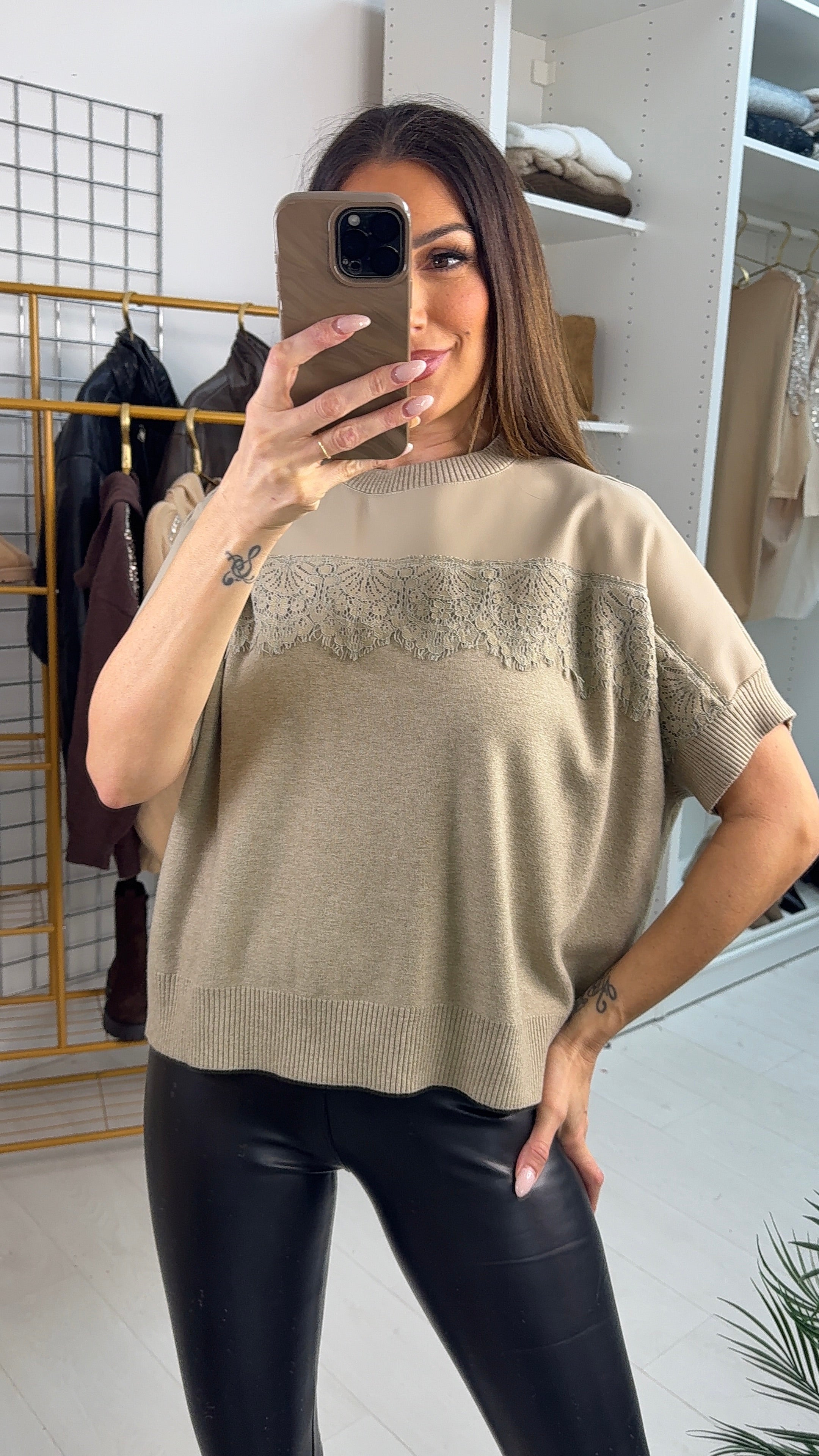 Laney Faux Leather & Lace Detailed Jumper