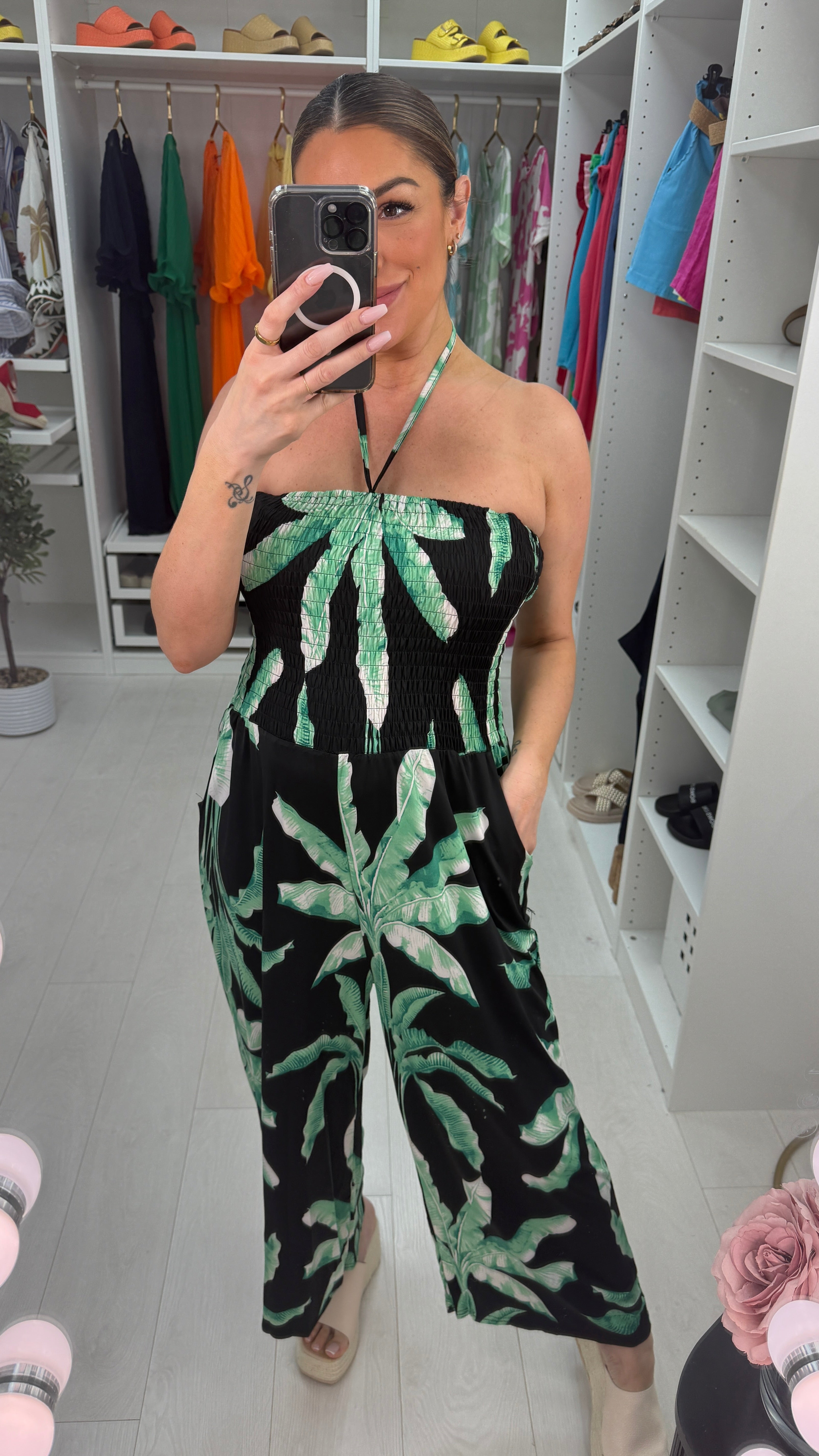 Indiana Palm Tree Print Elasticated Bust Magic Jumpsuit