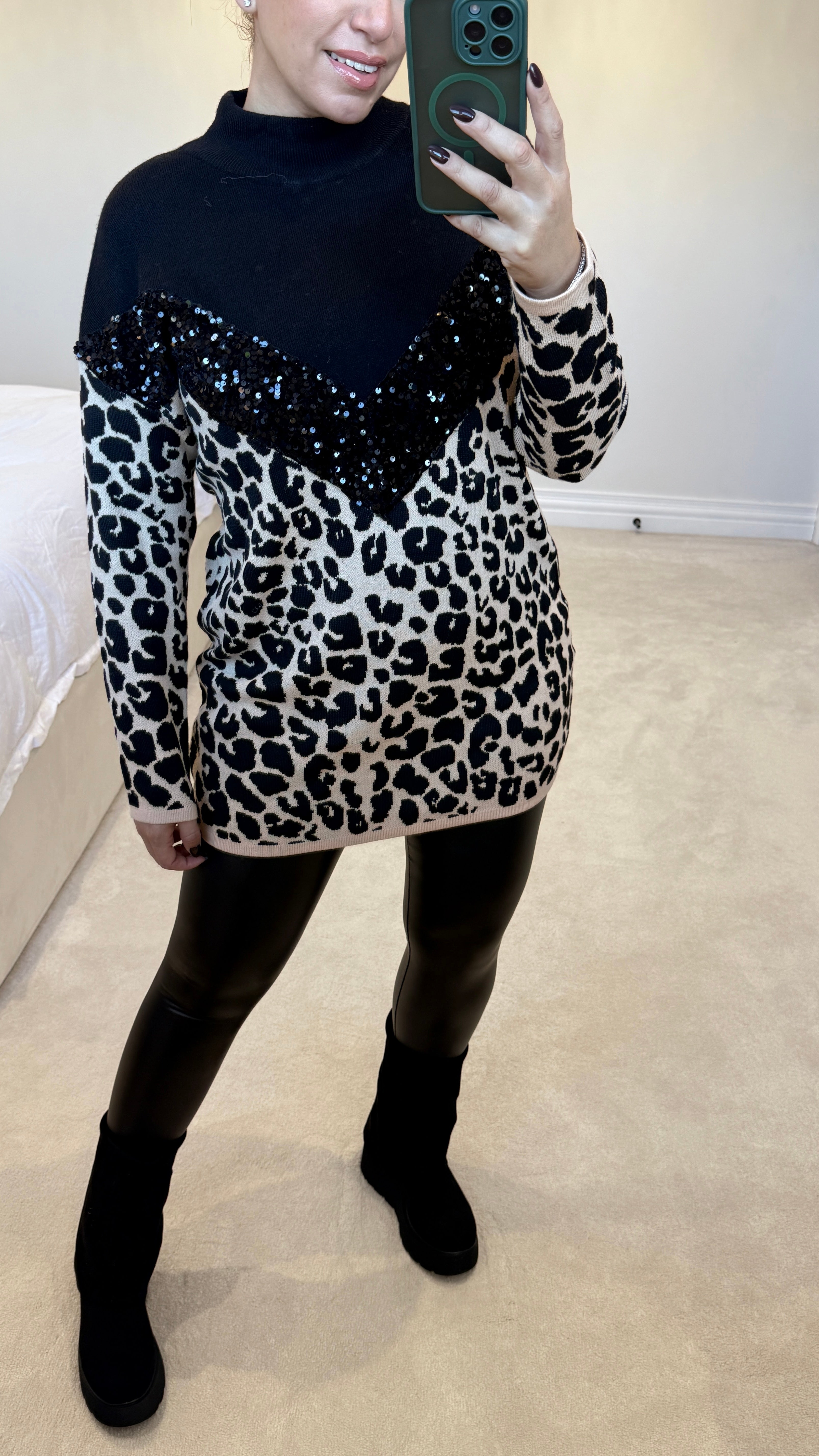 Leena Sequin Panel Leopard Detail Longline Jumper