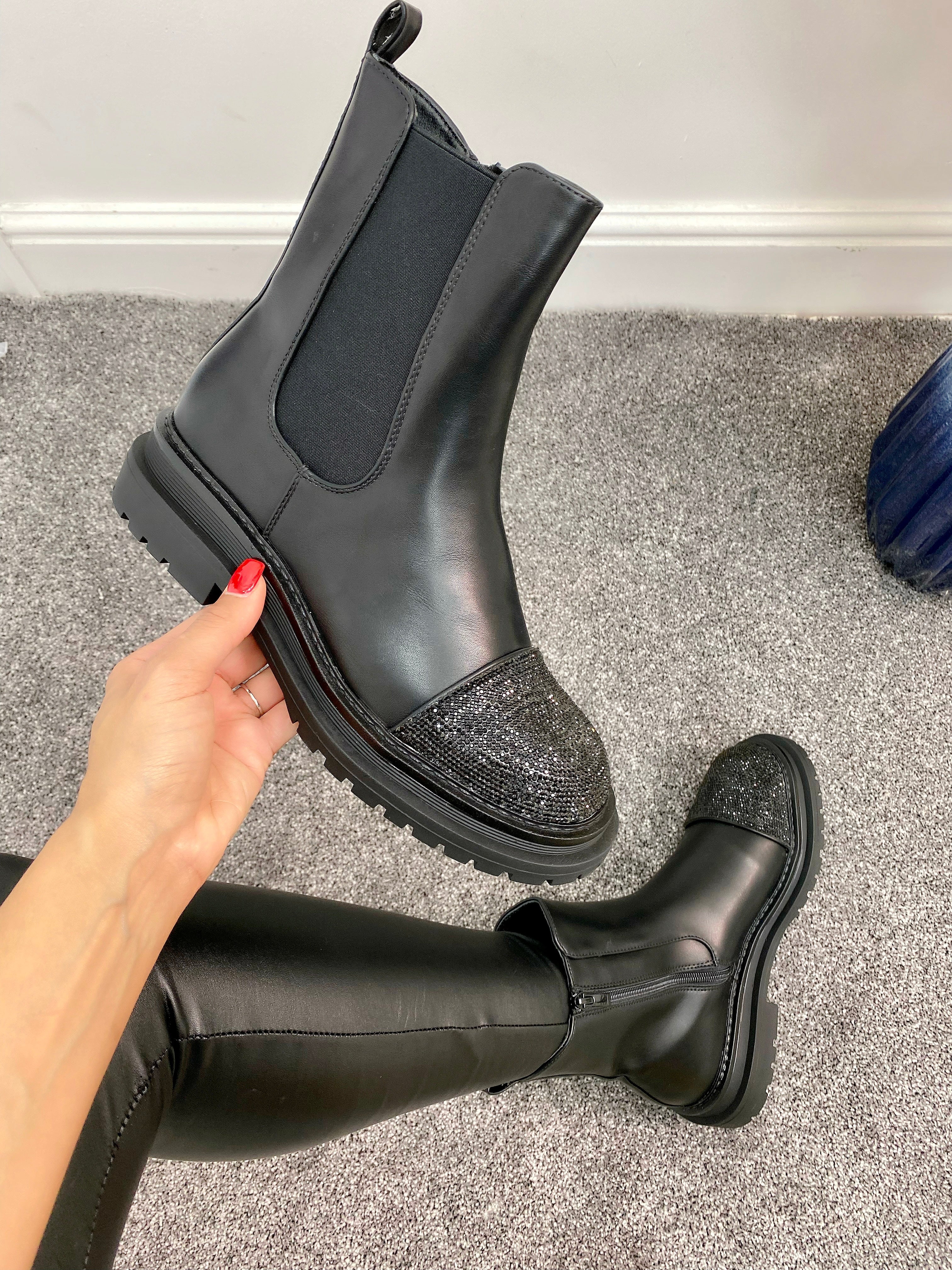 Onyx Black Sparkle Toe Cap Chunky Boot