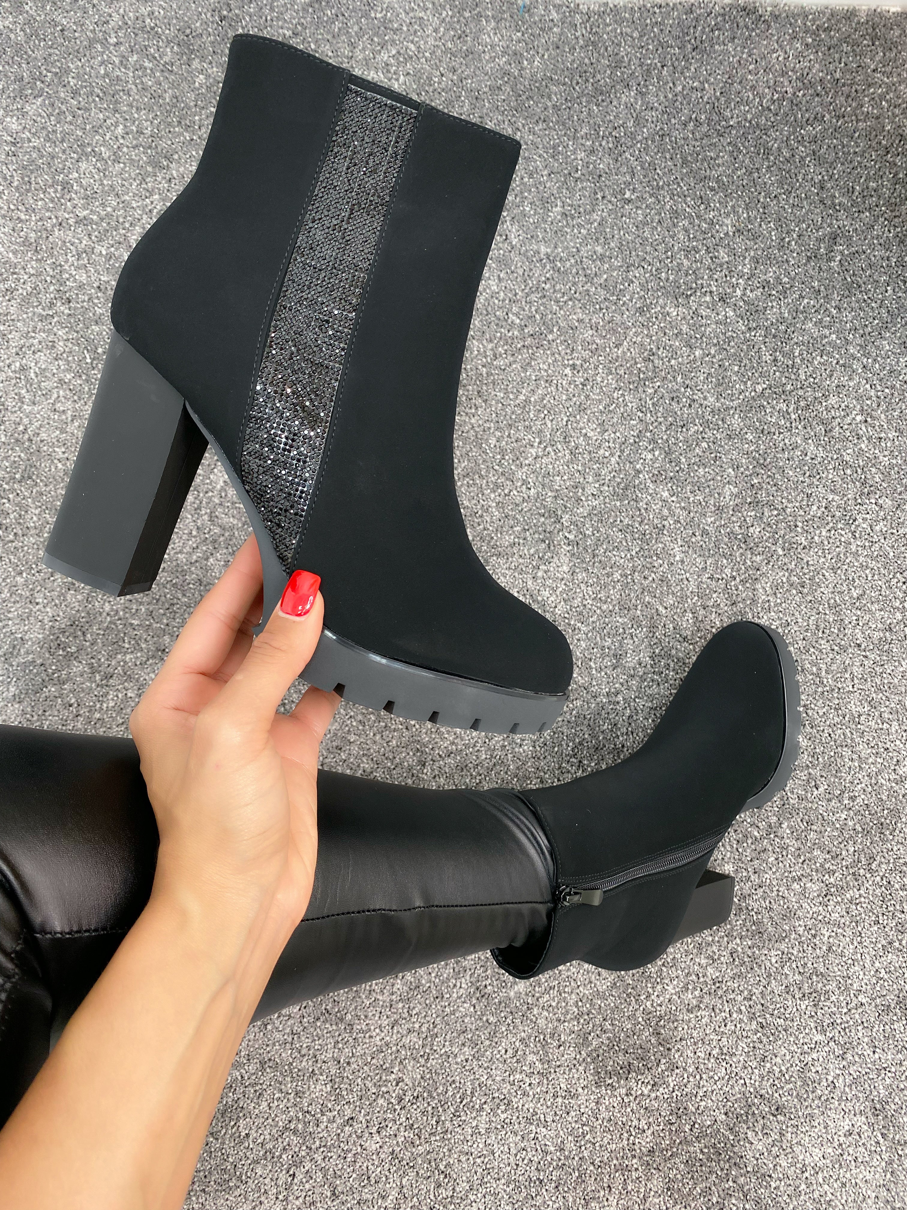 Bexon Black Faux Suede Sparkle Side Panel Boot