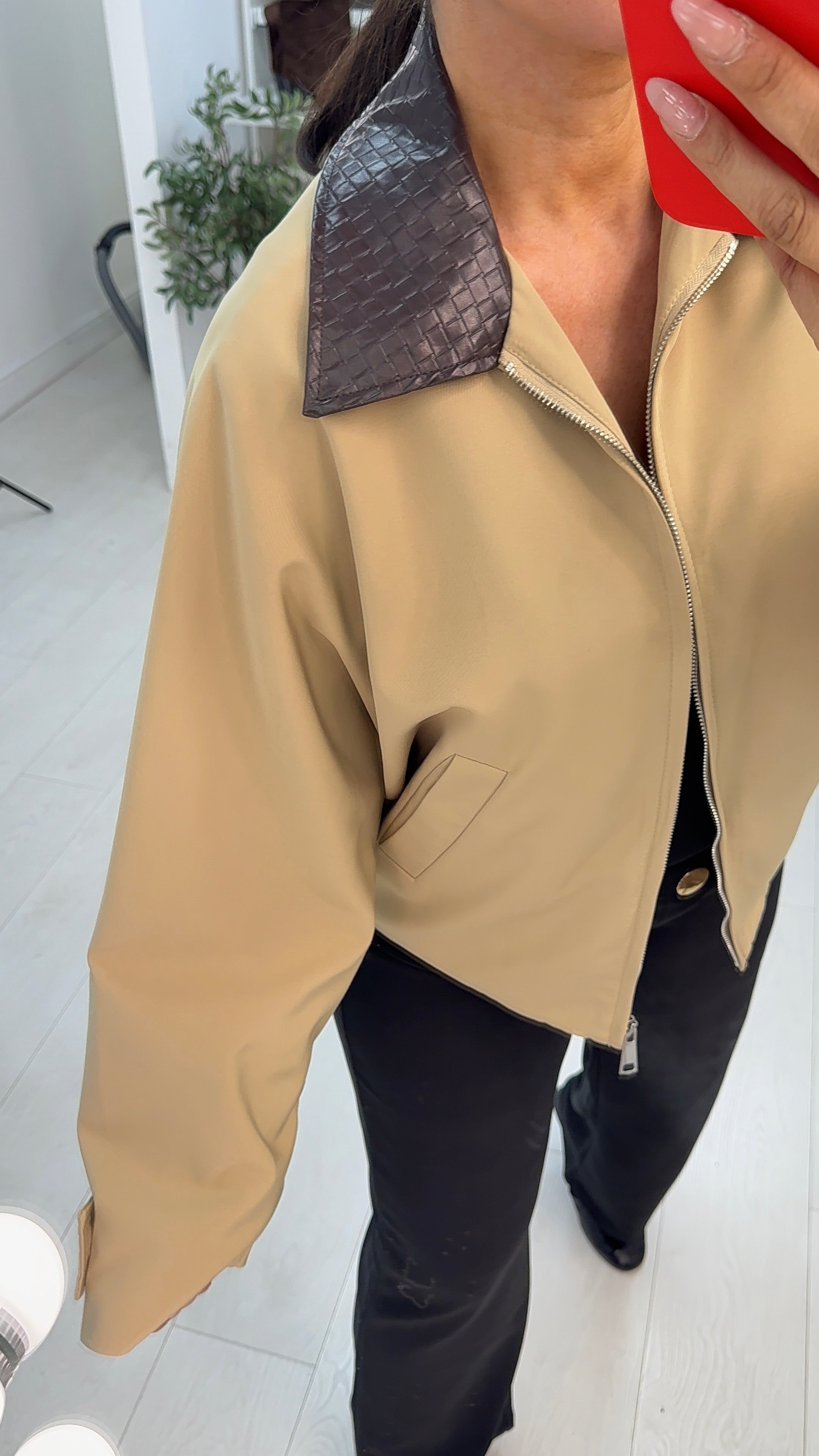 Nayla Faux Leather Collar Zip Front Jacket