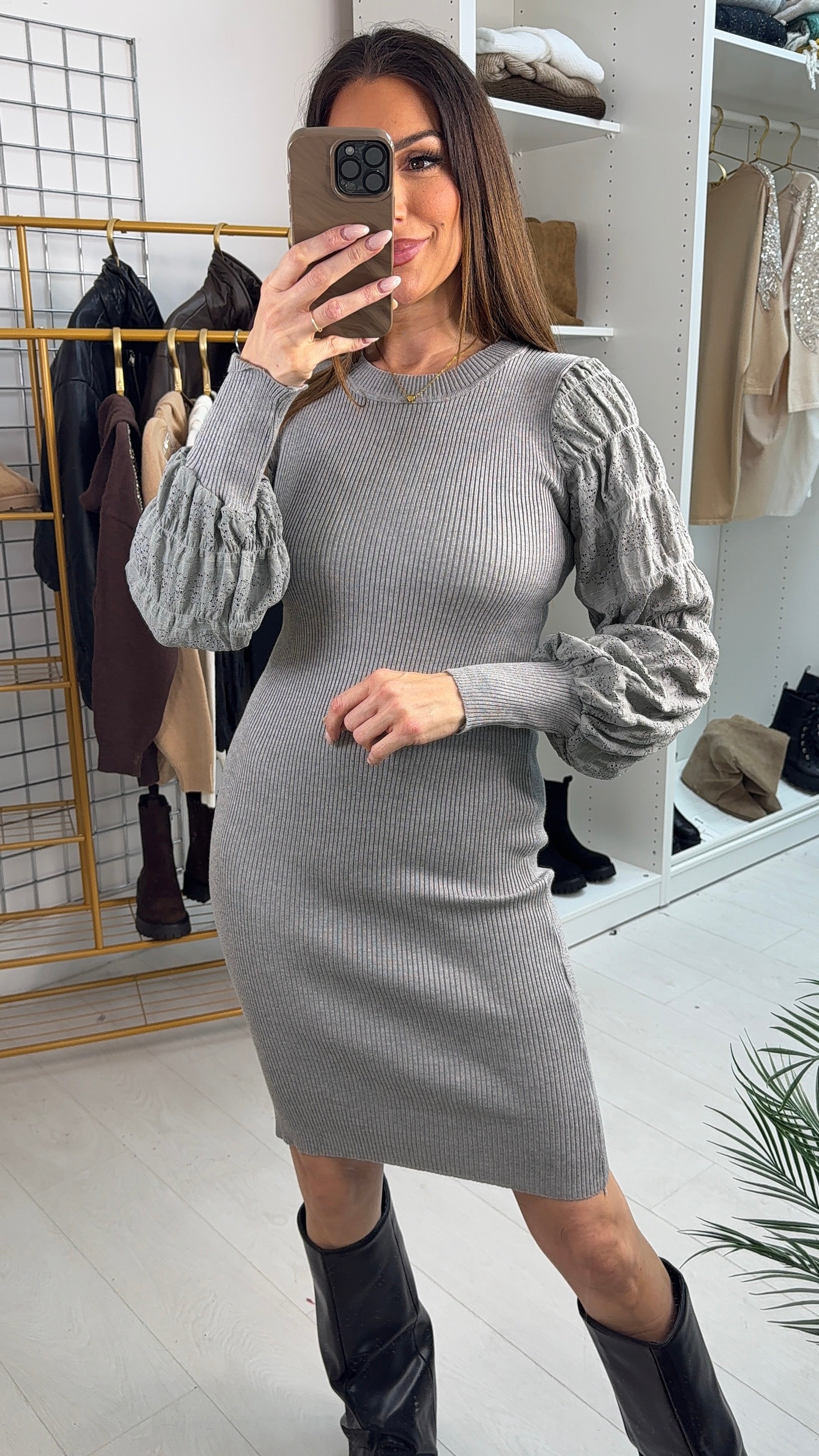 Julianna Plain Sleeve Detail Ribbed Jumper Dress