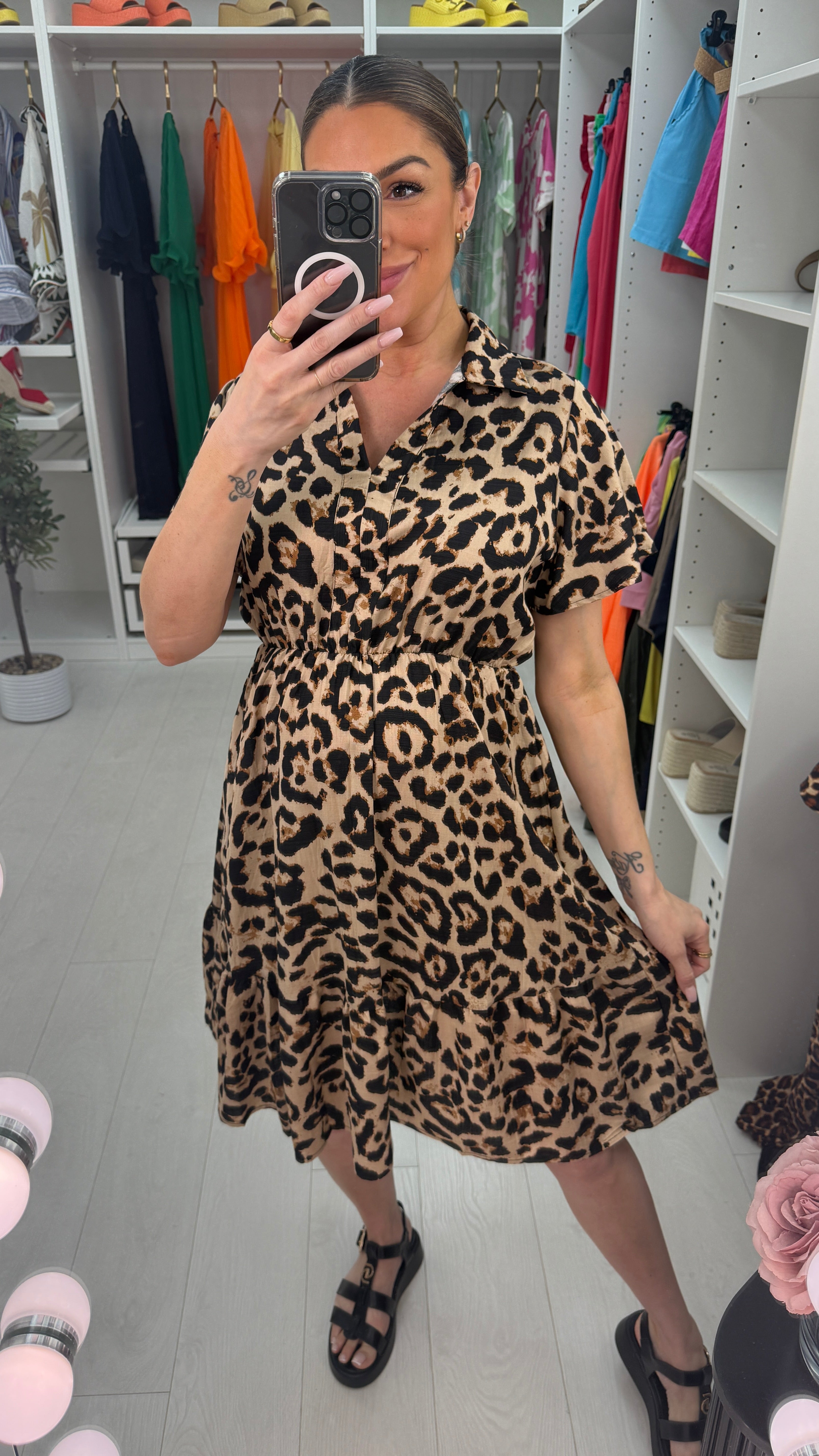 Joline Leopard Print V Neck Midi Dress