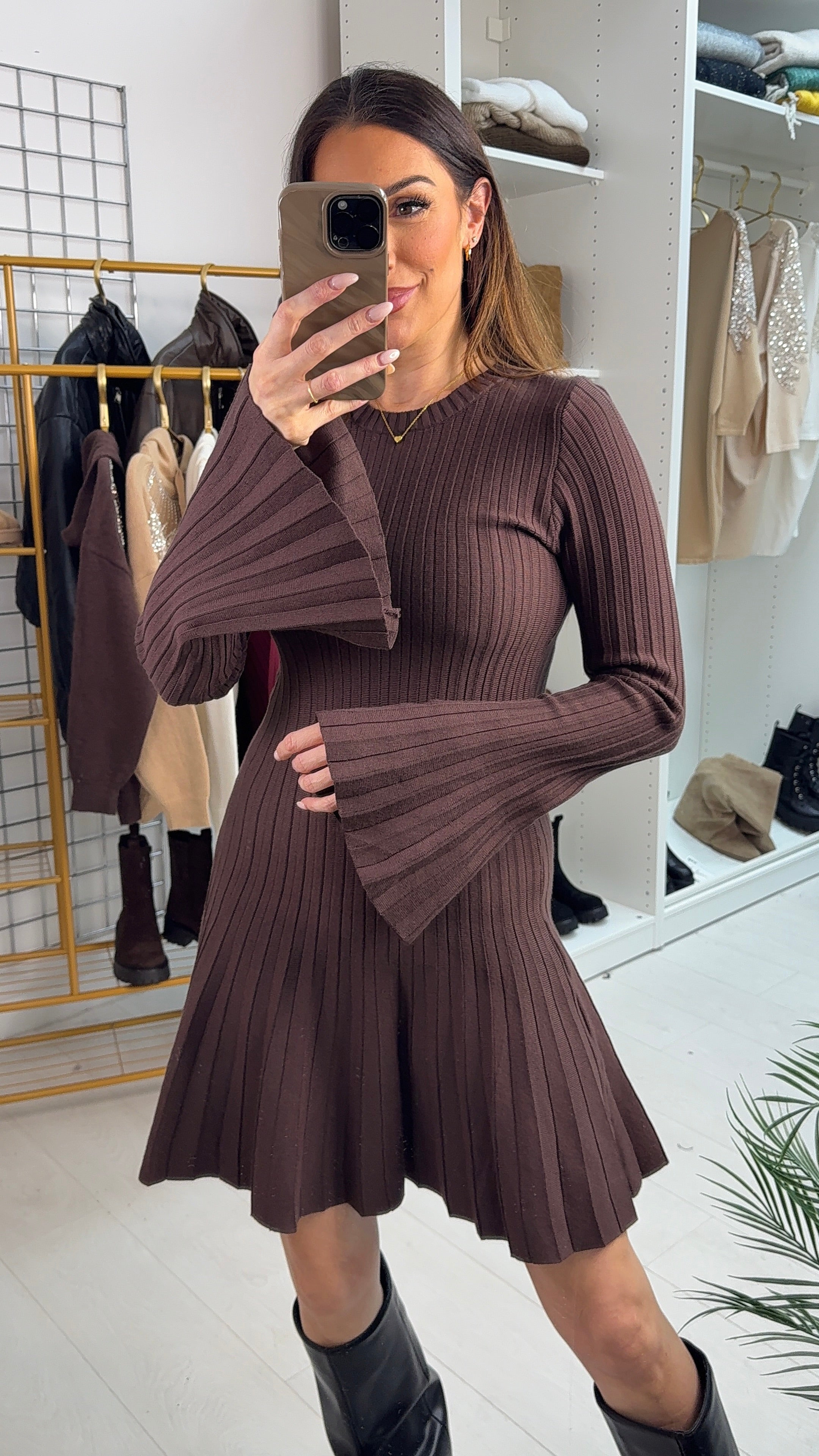 Valentine Plain Pleated Bell Sleeve Jumper Dress