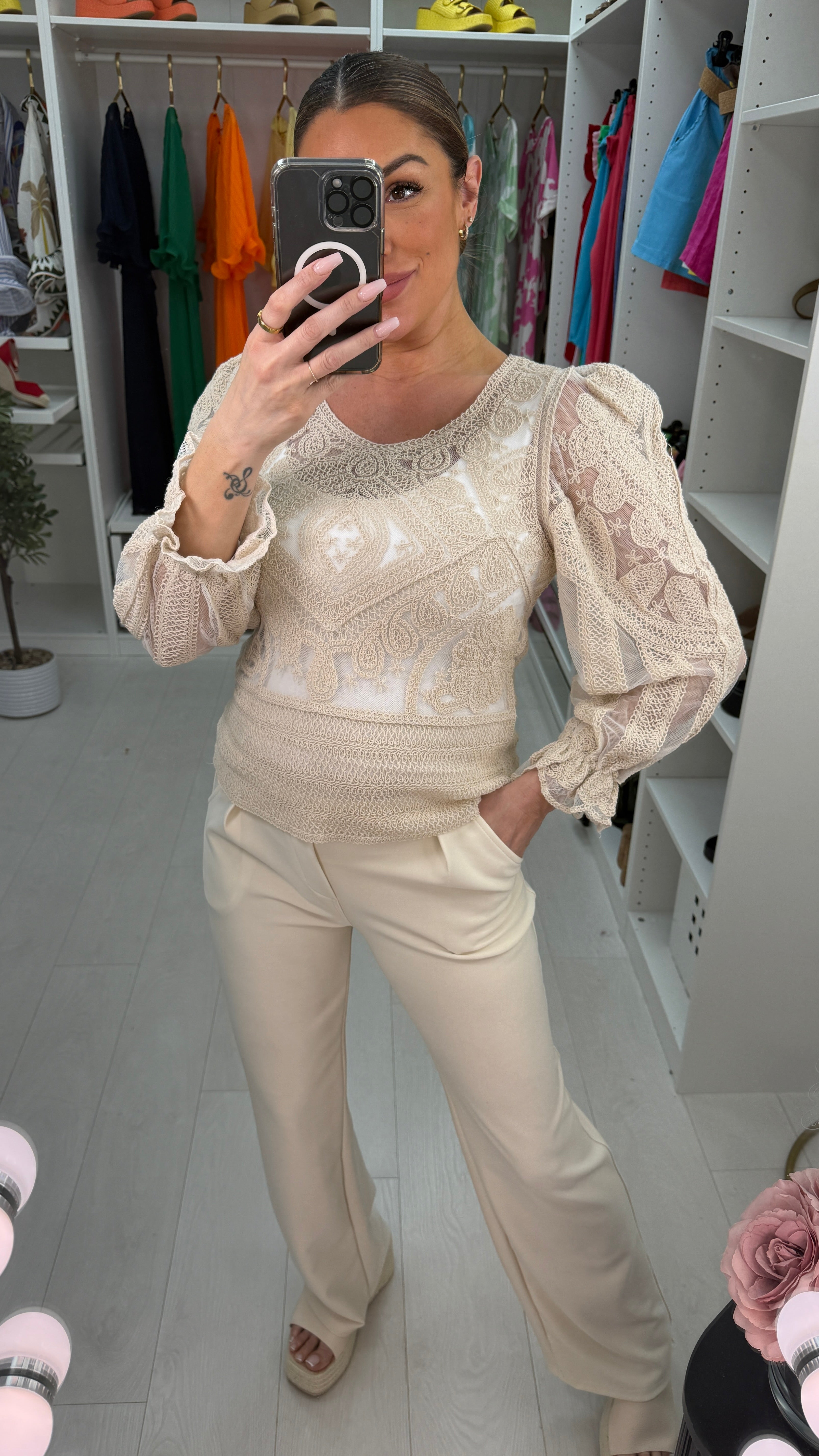 Lyana Crochet Detailed Long Sleeve Top