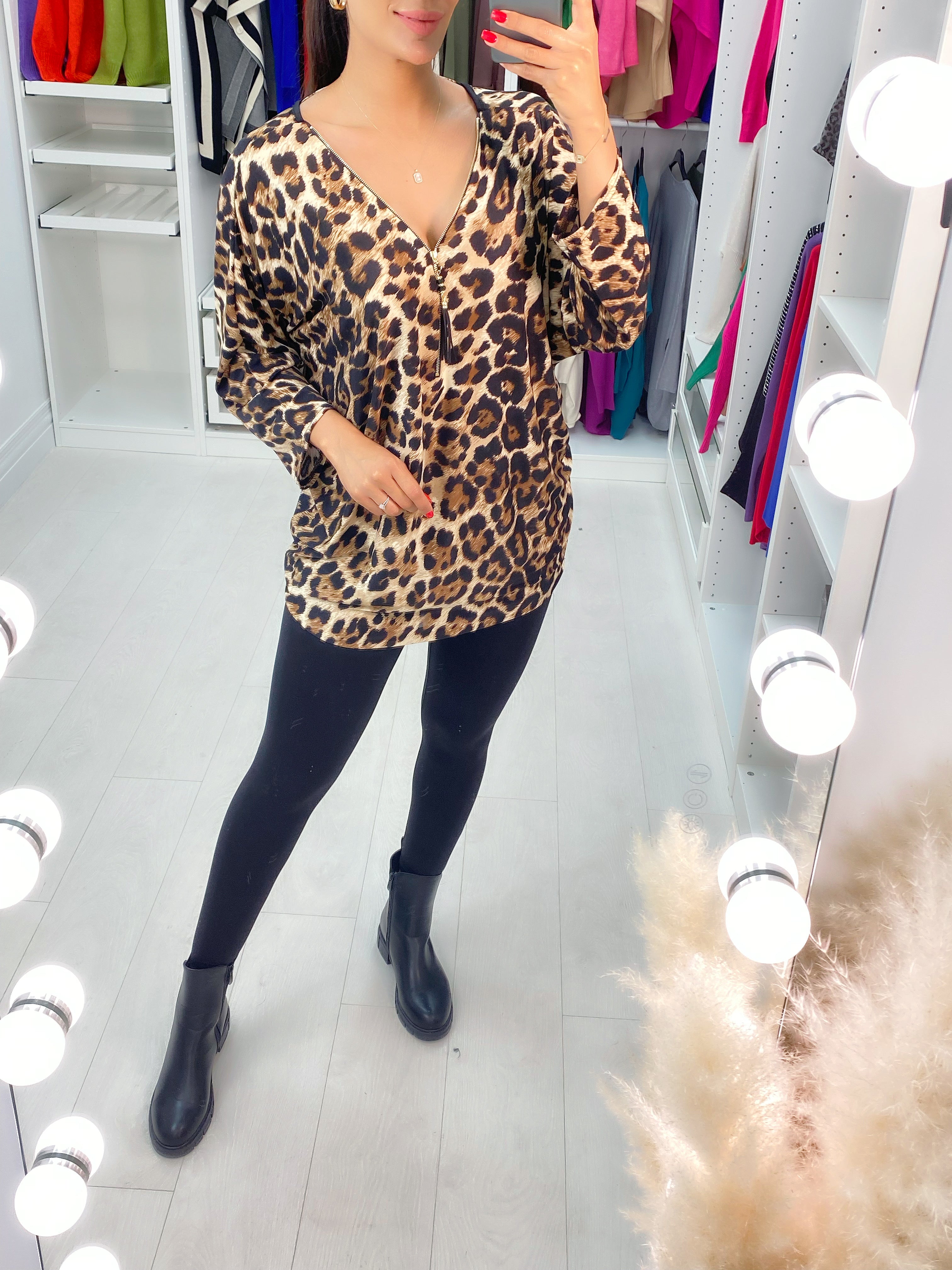 Alia Leopard Print Zip Detail Panel Back Top