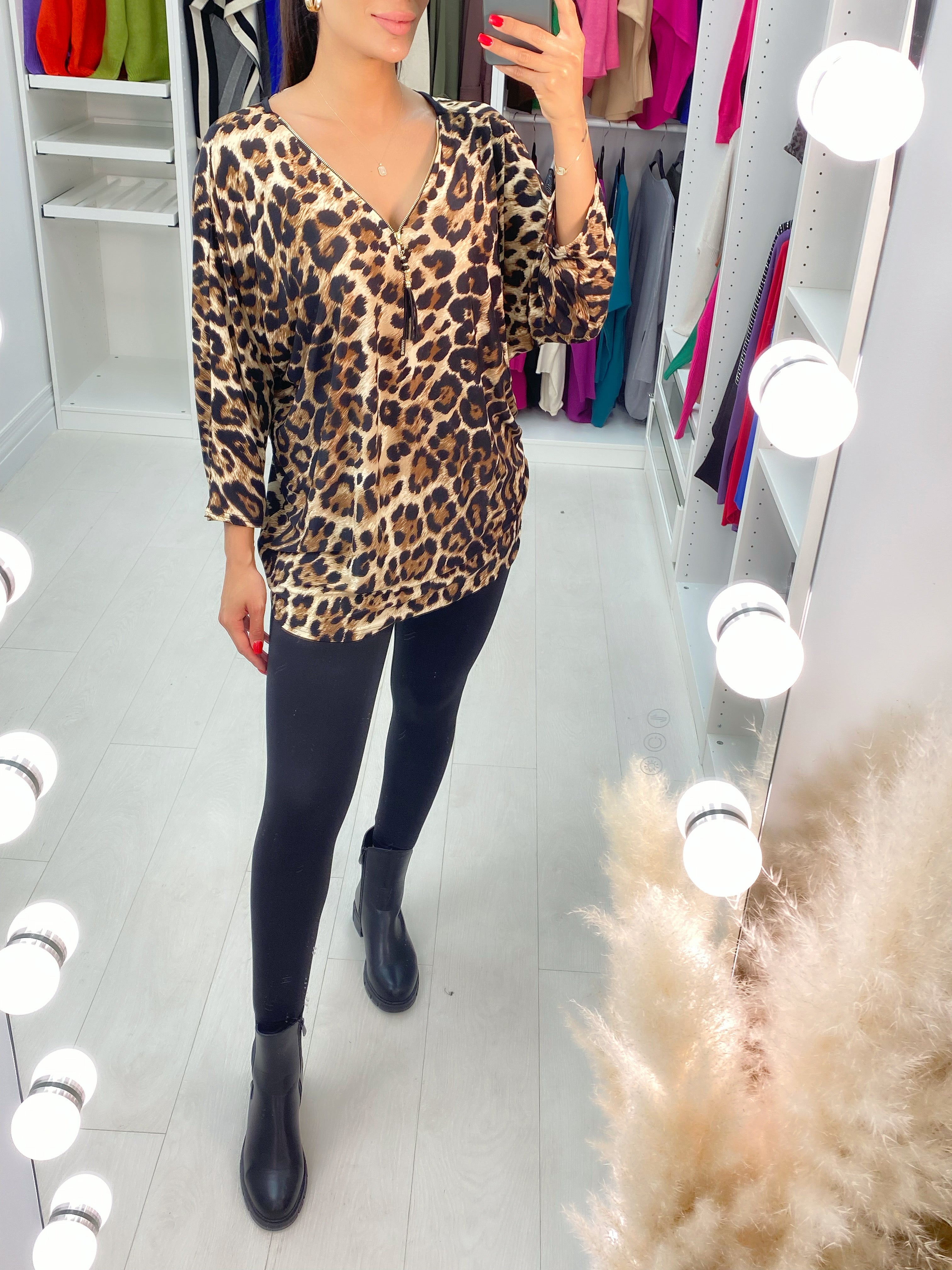 Alia Leopard Print Zip Detail Panel Back Top