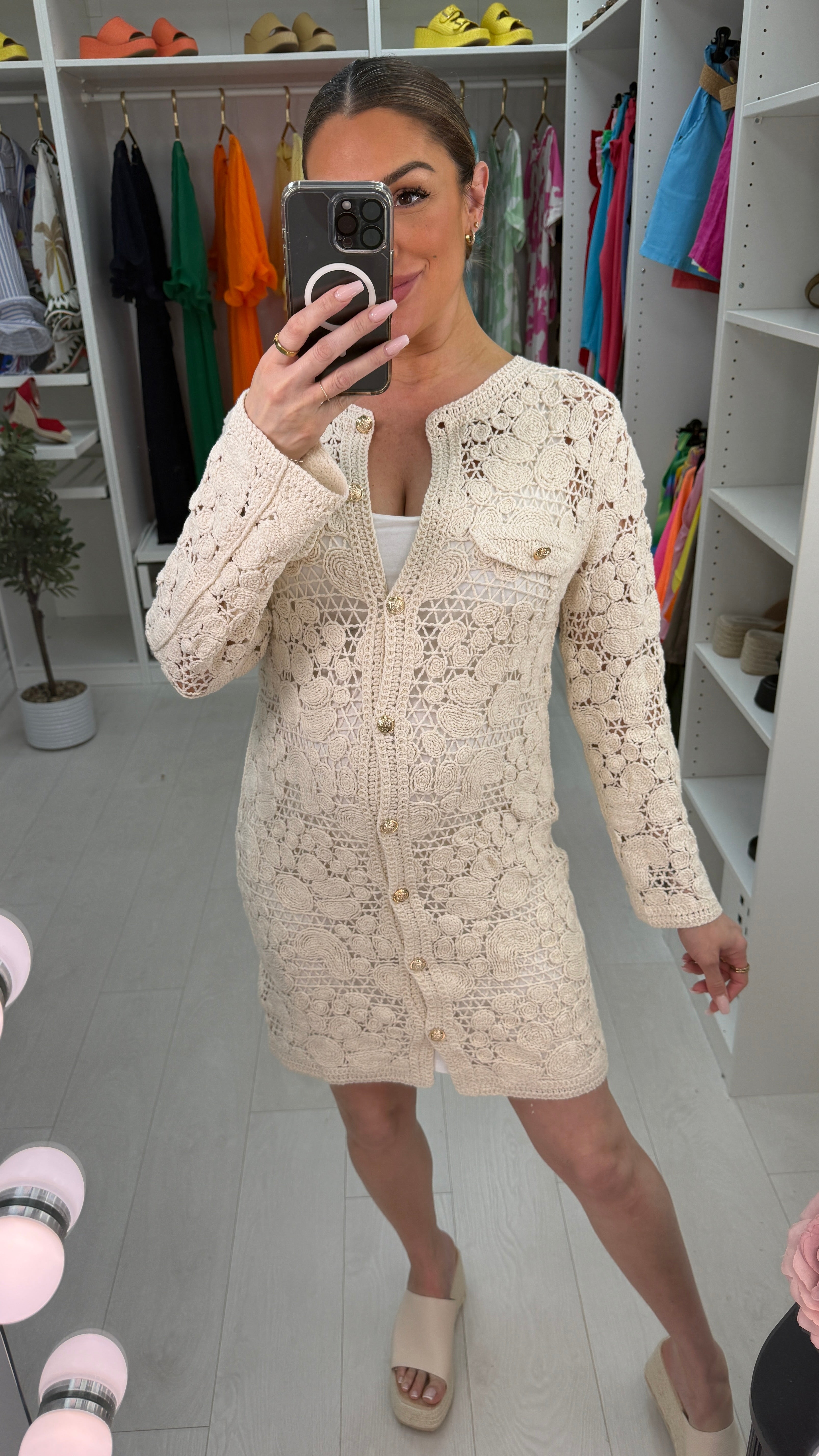 Britten Gold Button Front Crochet Cardigan