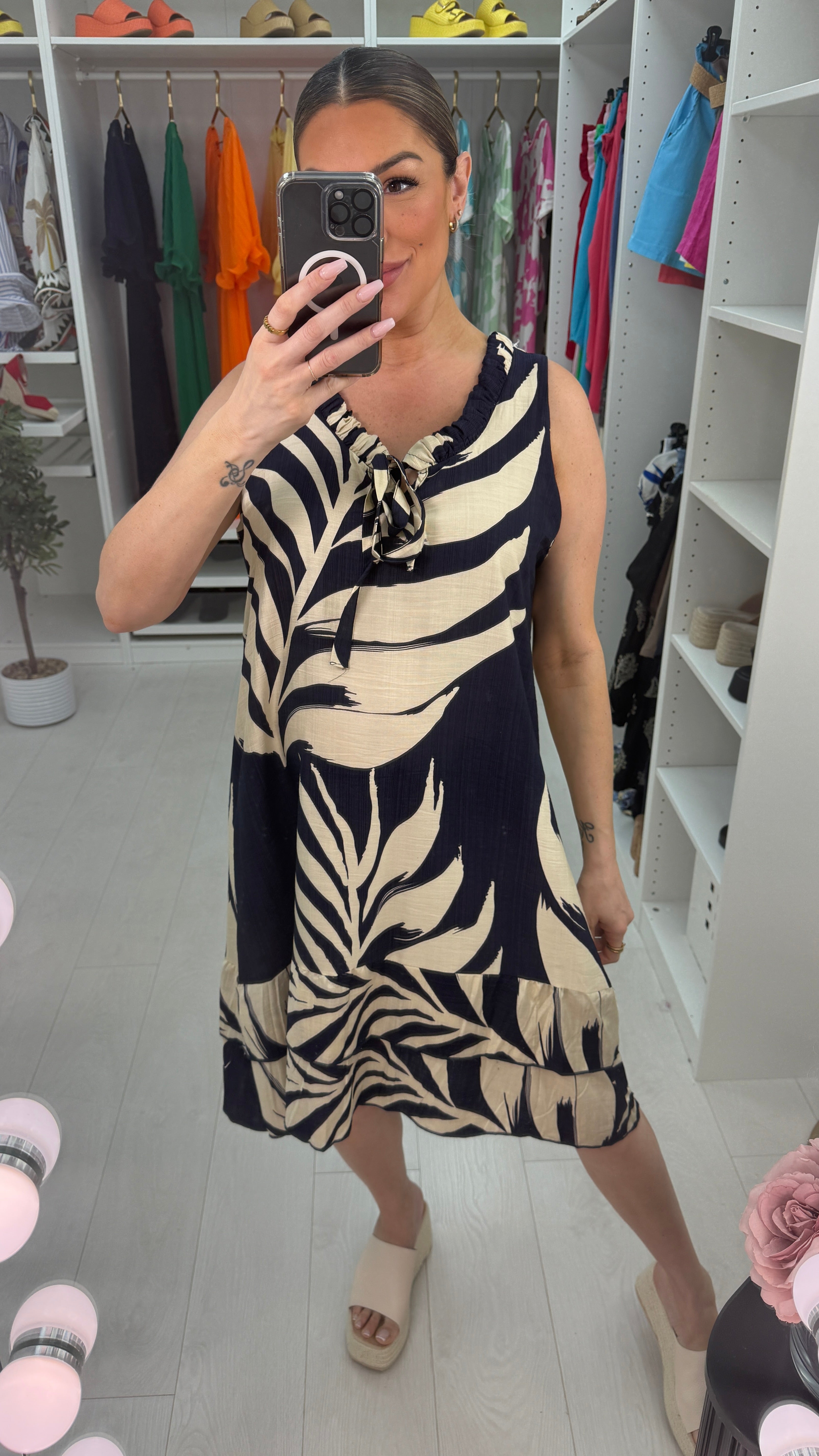 Ellerie Sleeveless Leaf Print Smock Midi Dress