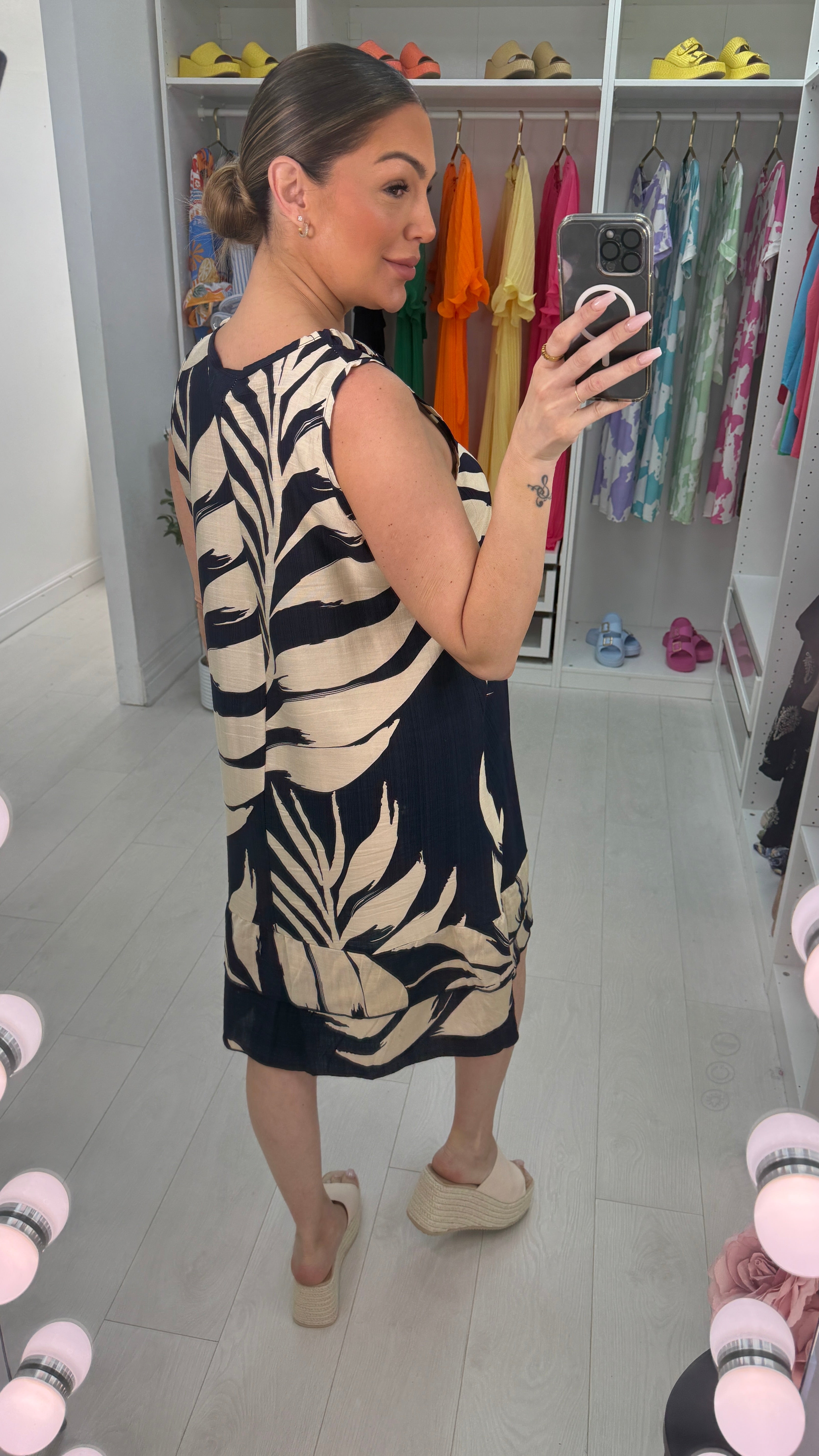 Ellerie Sleeveless Leaf Print Smock Midi Dress