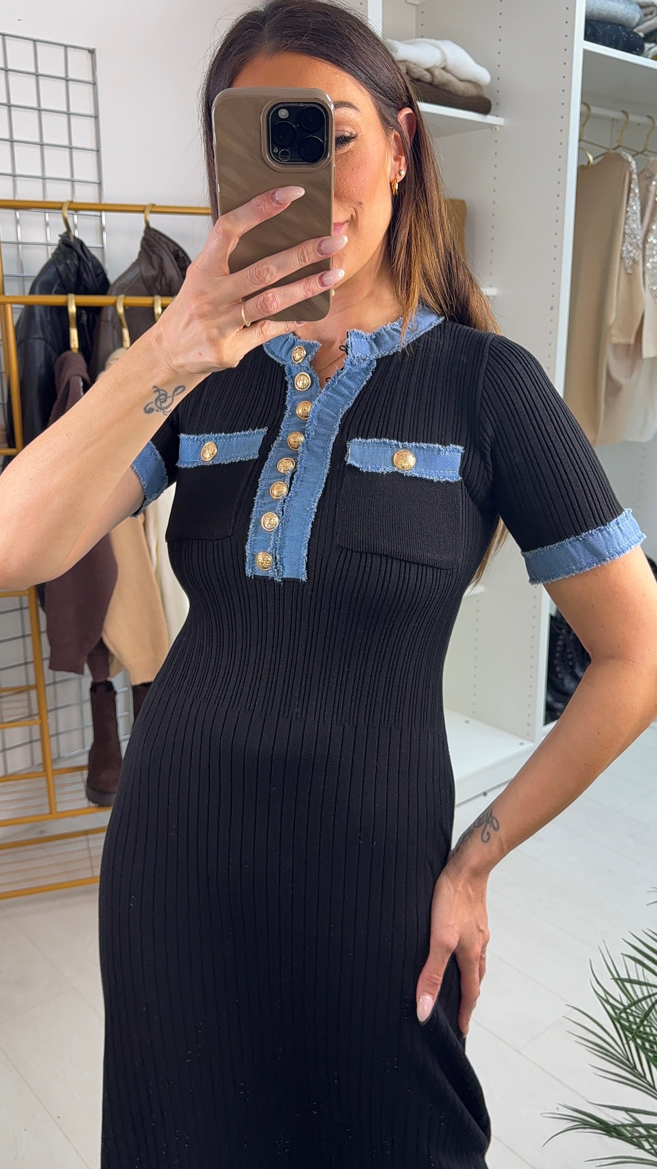 Ezra Denim Detailed Short Sleeve Maxi Dress