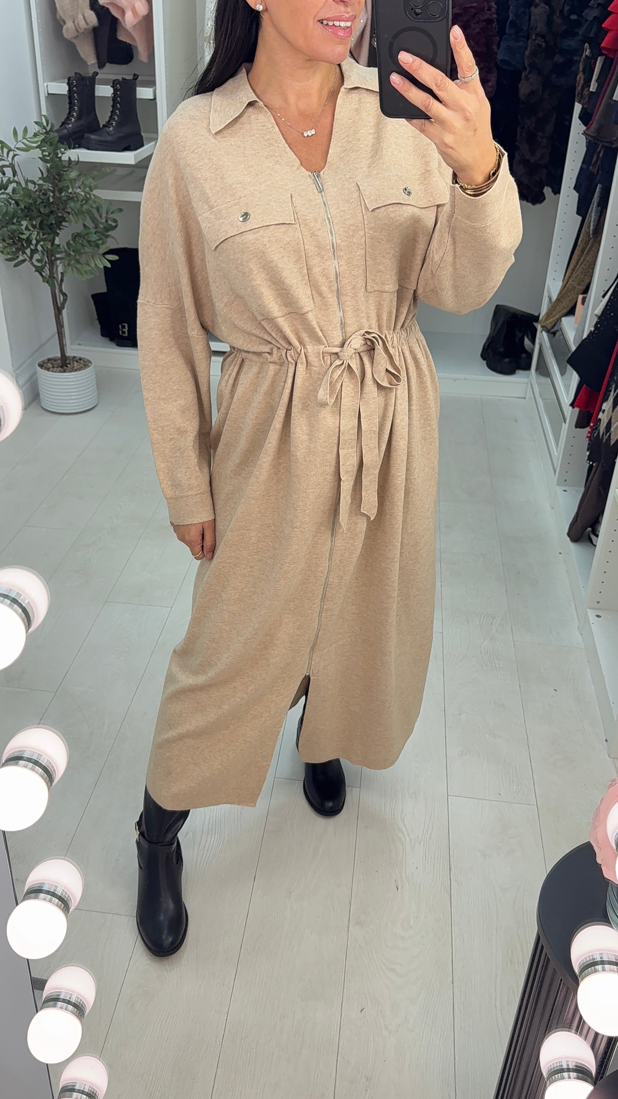 Laurin Plain Zip Front Tie Waist Maxi Jumper Dress