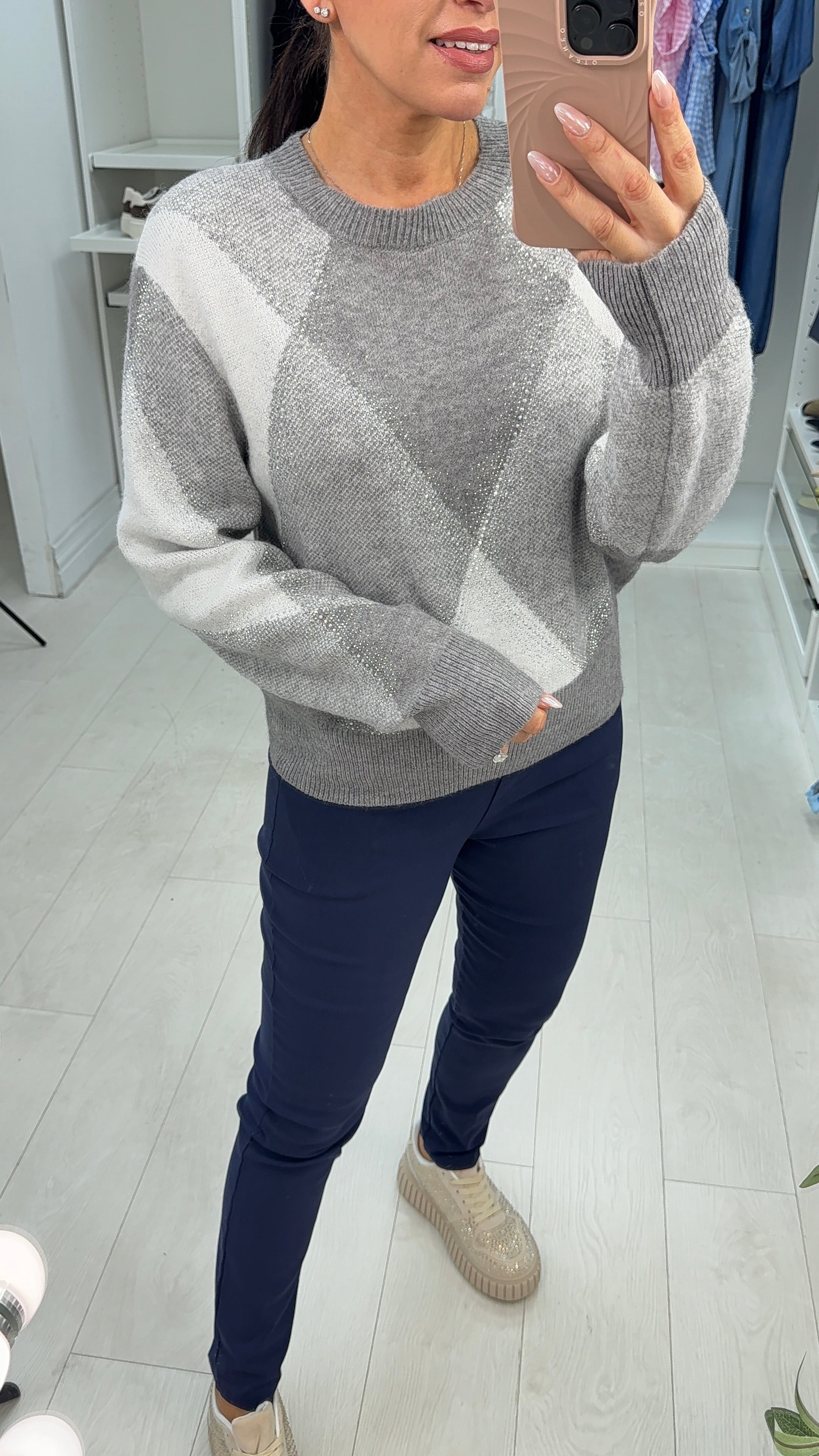 Clover Diamante Embellished Argyle Jumper