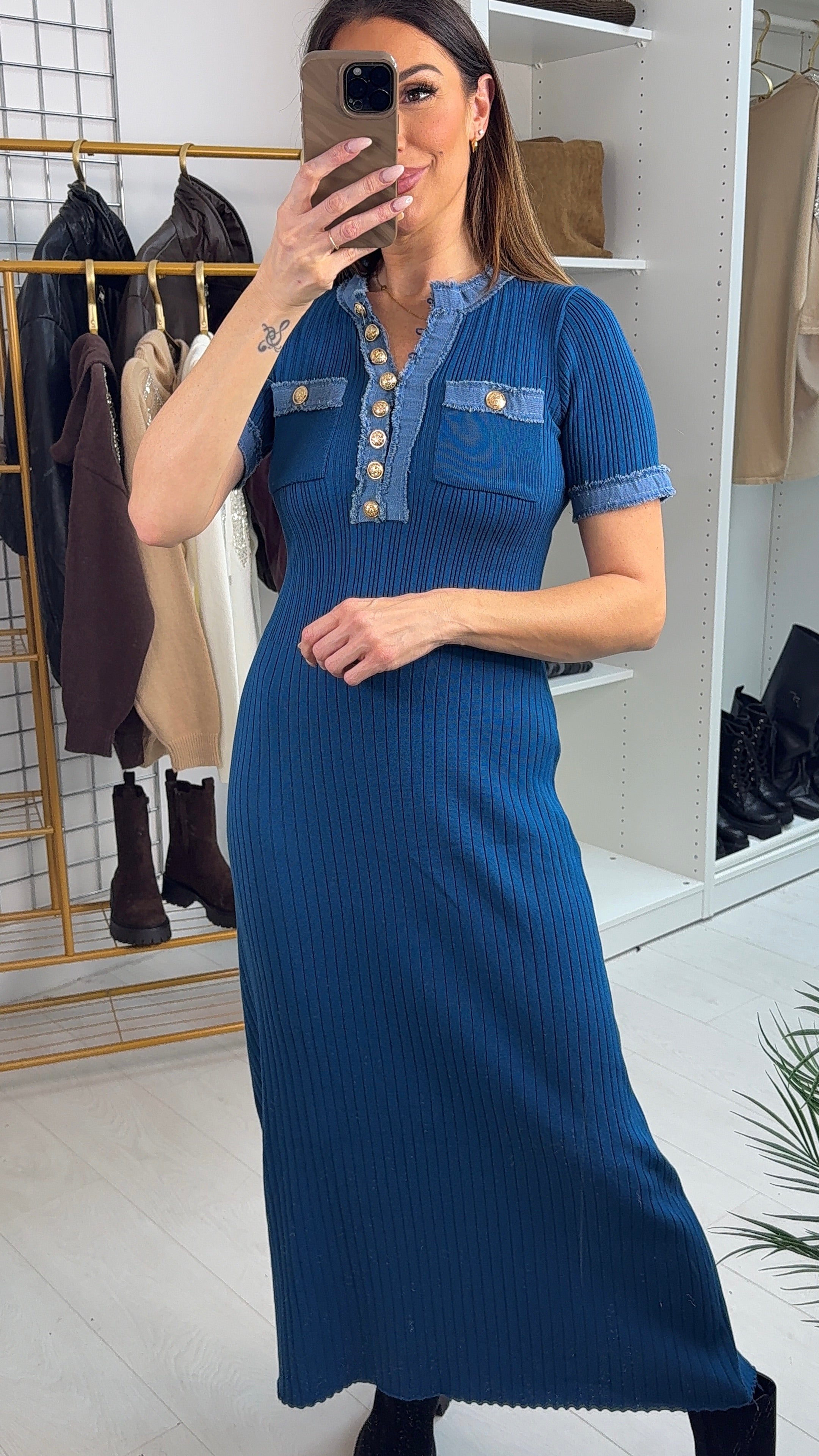 Ezra Denim Detailed Short Sleeve Maxi Dress