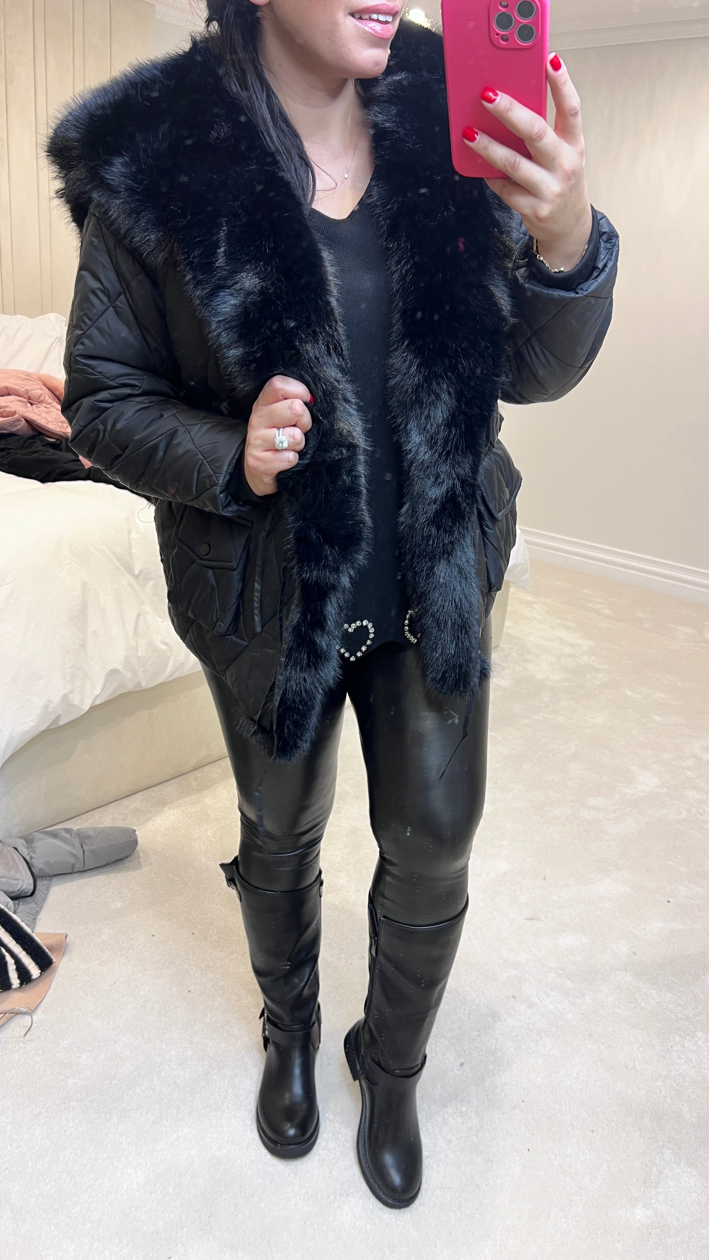 Olympia Black Short Quilted Faux Fur Trim Coat