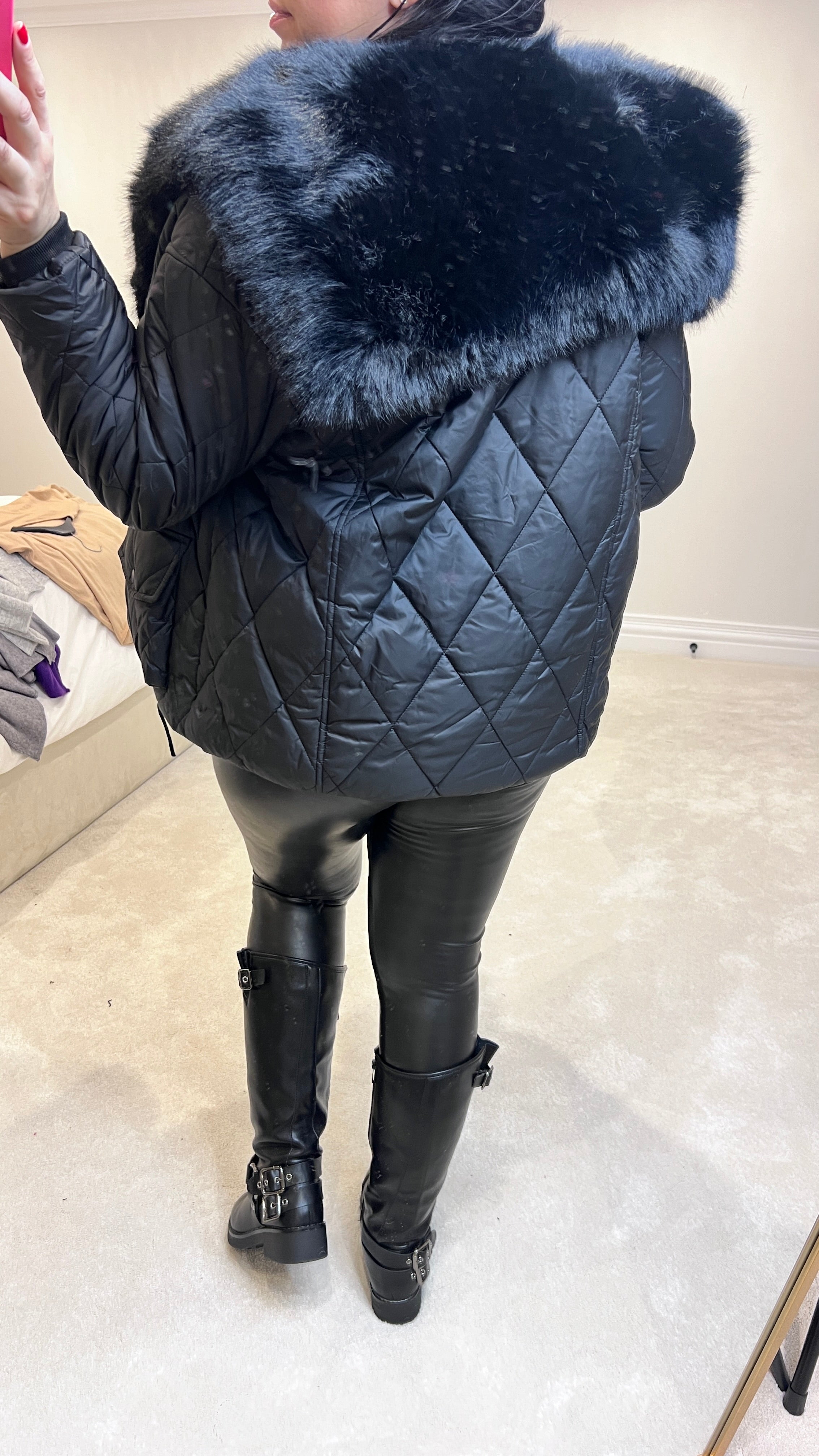 Olympia Black Short Quilted Faux Fur Trim Coat